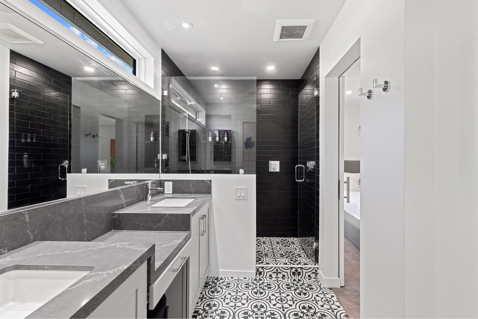 Bathroom, Dual Sink Vanities, Glass Shower, Interior, Recessed Lighting