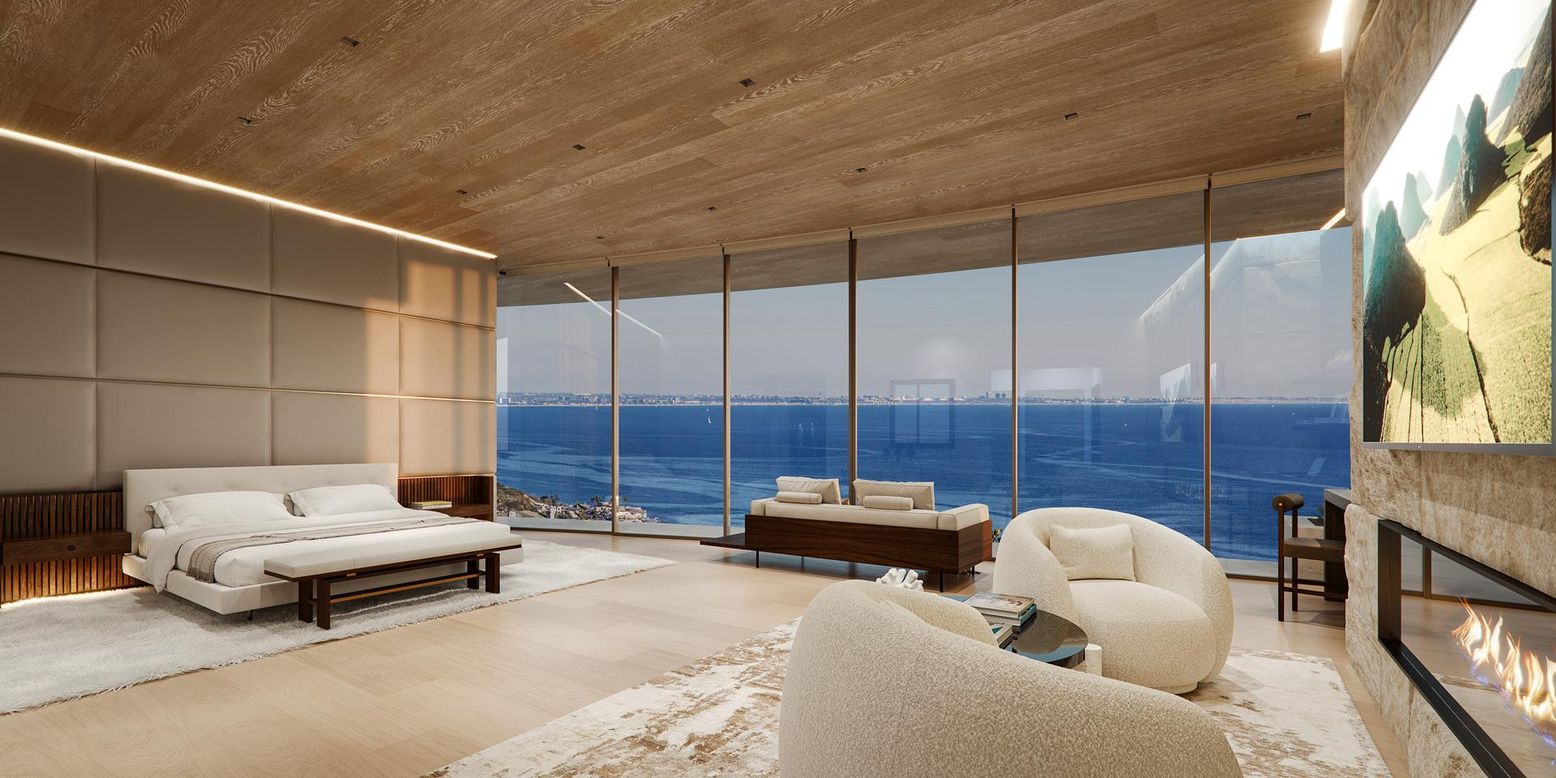 Fireplace, Interior, Living room, Recessed Lighting, Water, Wooden Ceilings, Wood Texture Flooring