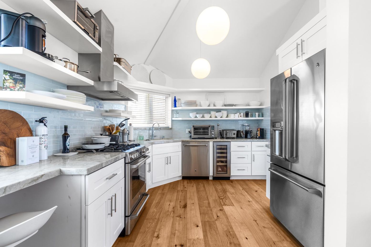 Interior, Kitchen, Pendant Lights, Stainless Steel Appliances, Wood Texture Flooring