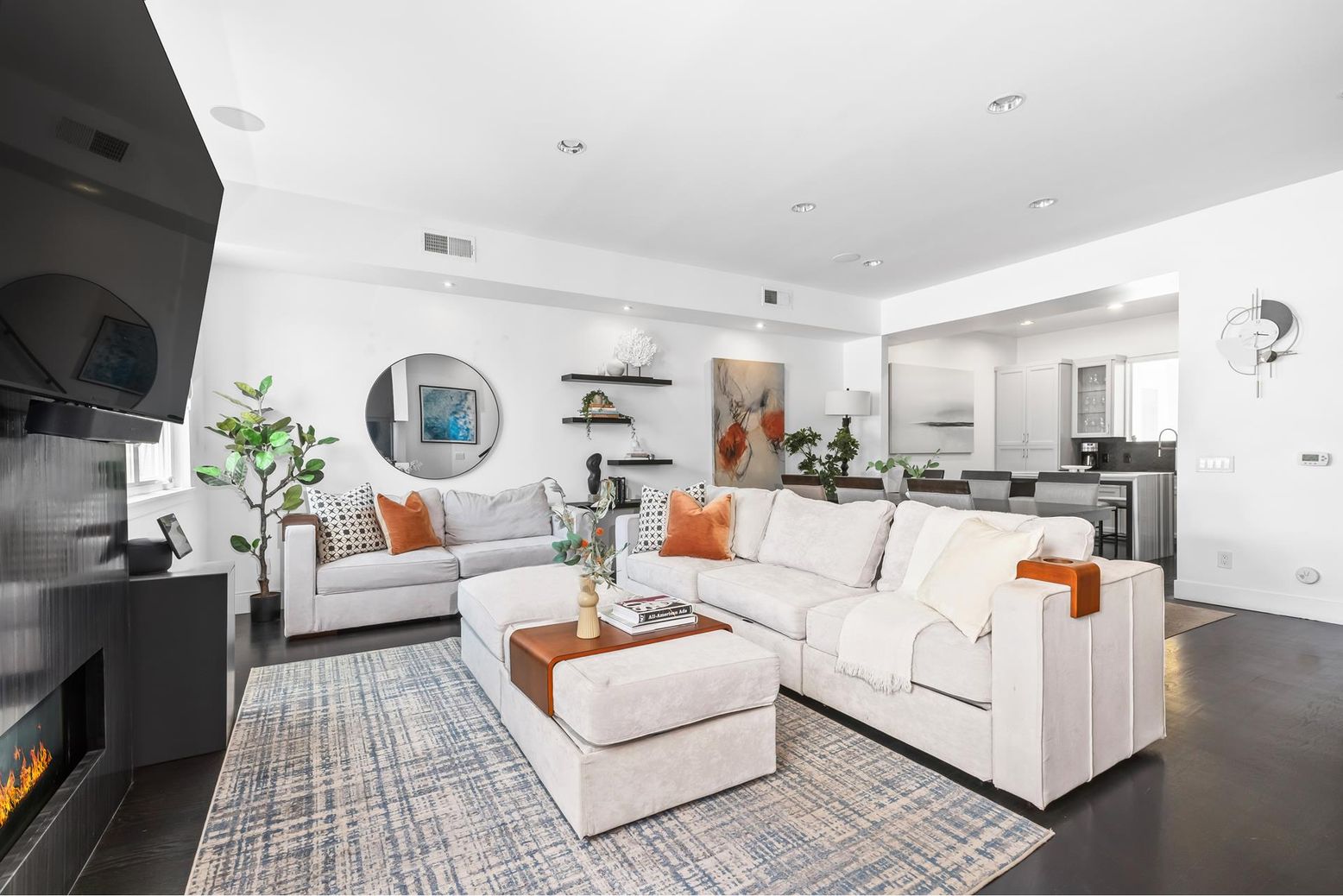 Fireplace, Interior, Kitchen, Living room, Recessed Lighting, Wood Texture Flooring