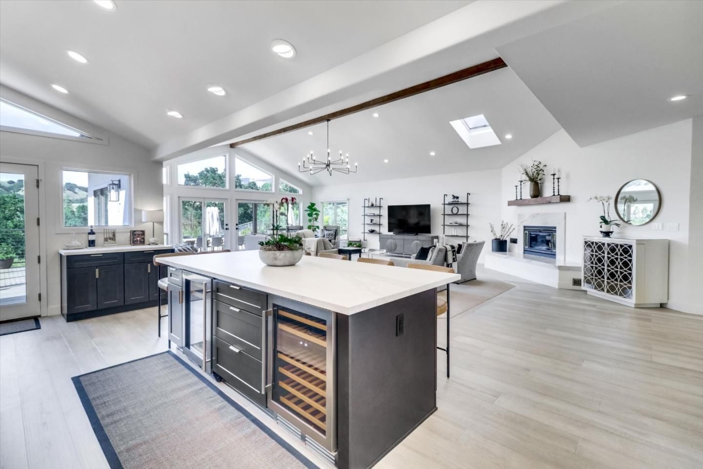 Chandelier, Dining room, Fireplace, Interior, Kitchen, Pendant Lights, Recessed Lighting, Wood Texture Flooring