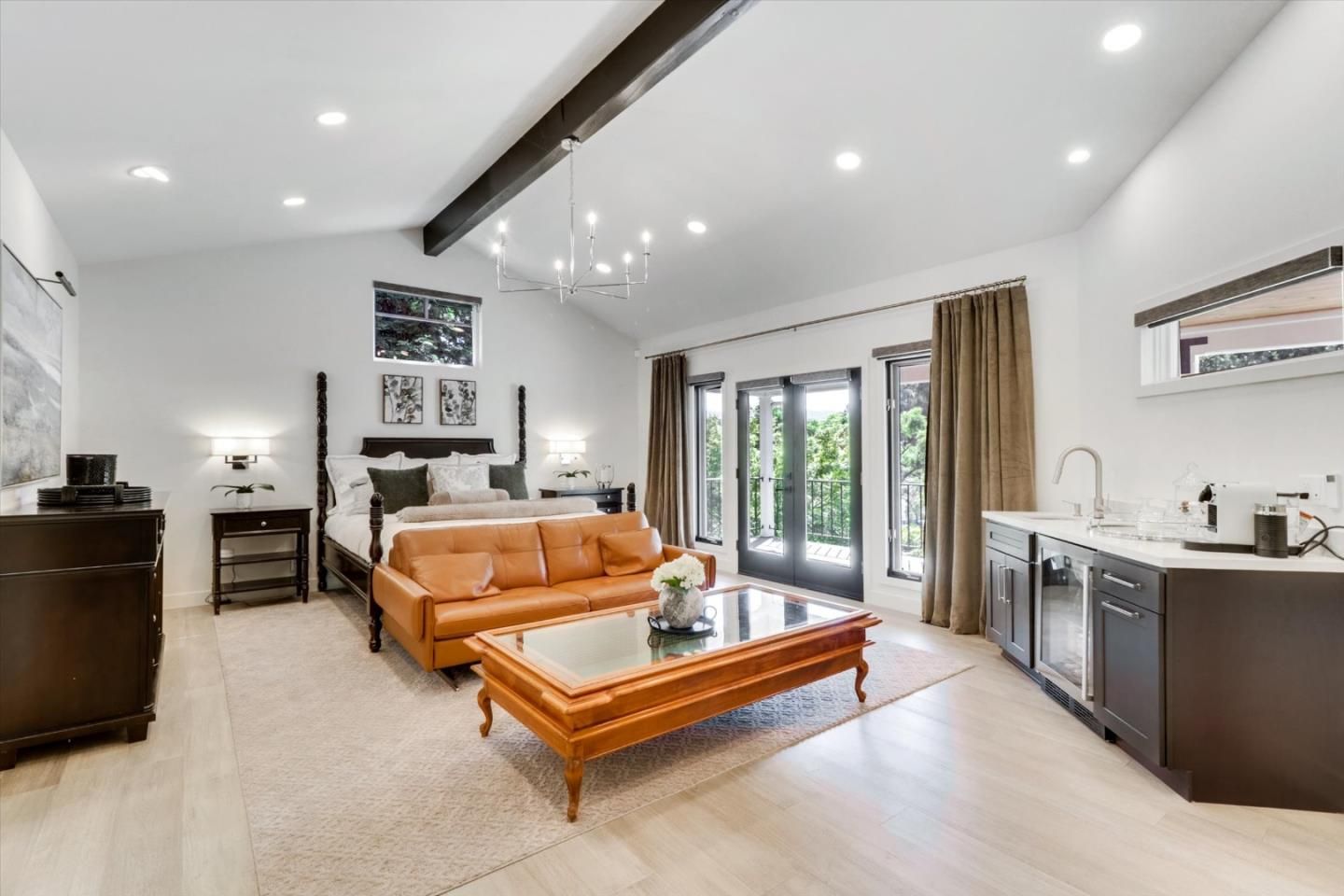 Bedroom, Interior, Kitchen, Living room, Pendant Lights, Recessed Lighting, Wooden Beams, Wood Texture Flooring