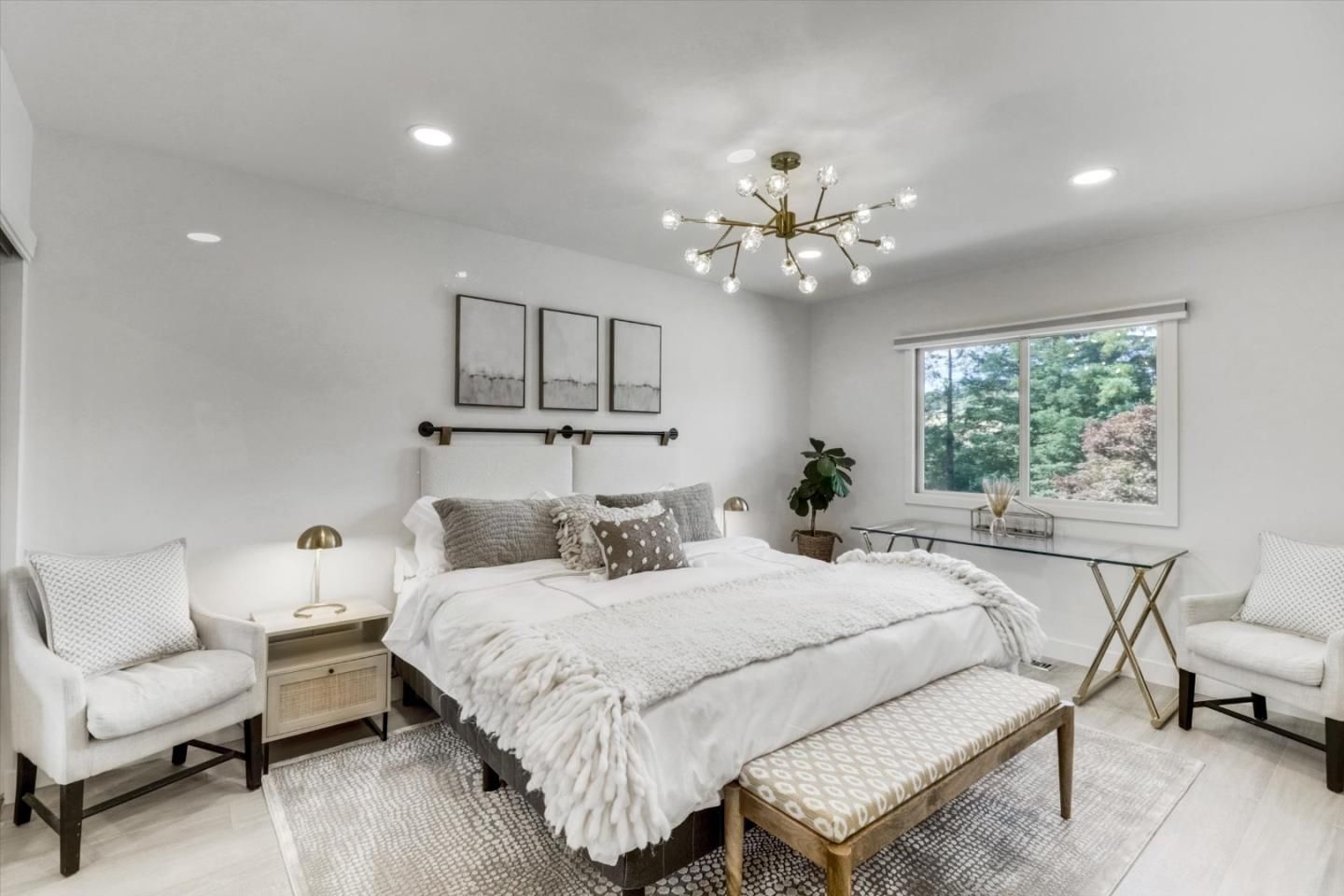 Bedroom, Interior, Pendant Lights, Recessed Lighting, Wood Texture Flooring