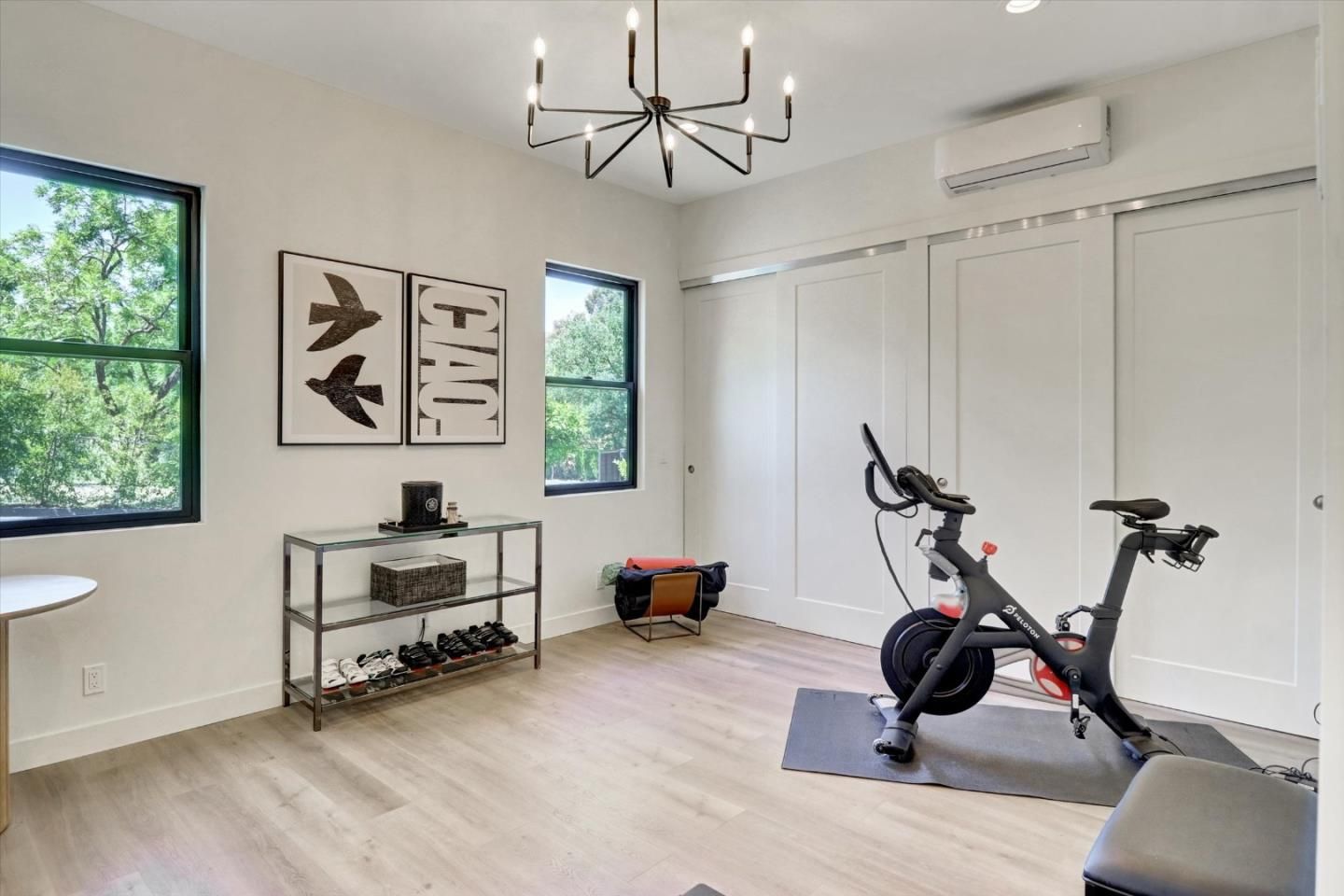Chandelier, Fitness Equipment, Interior, Recessed Lighting, Wood Texture Flooring