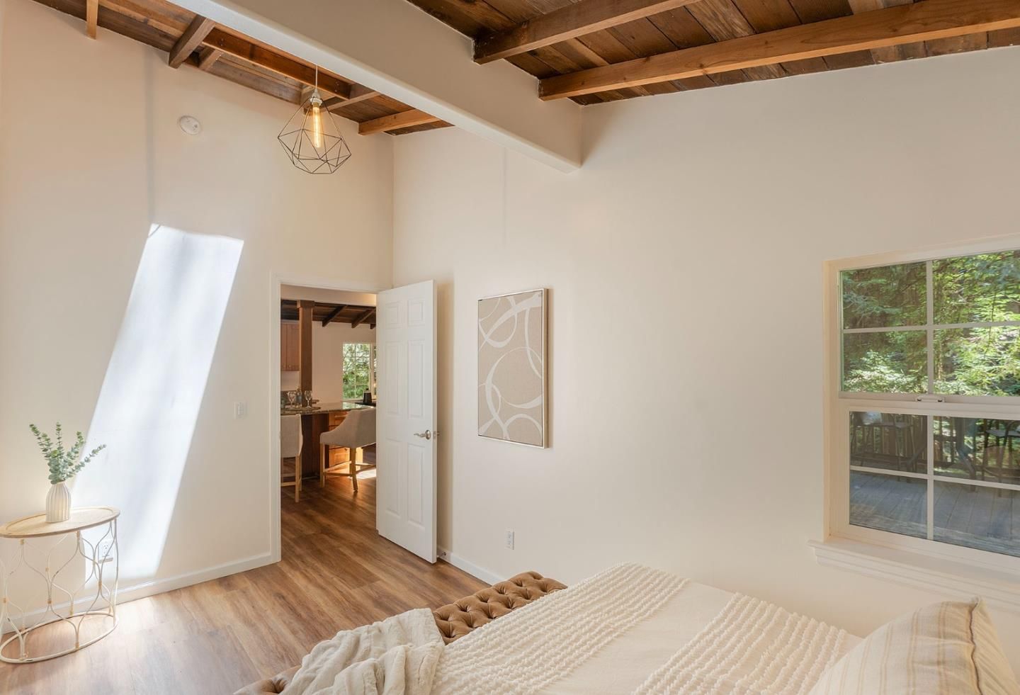 Bedroom, Interior, Pendant Lights, Wooden Beams, Wooden Ceilings, Wood Texture Flooring