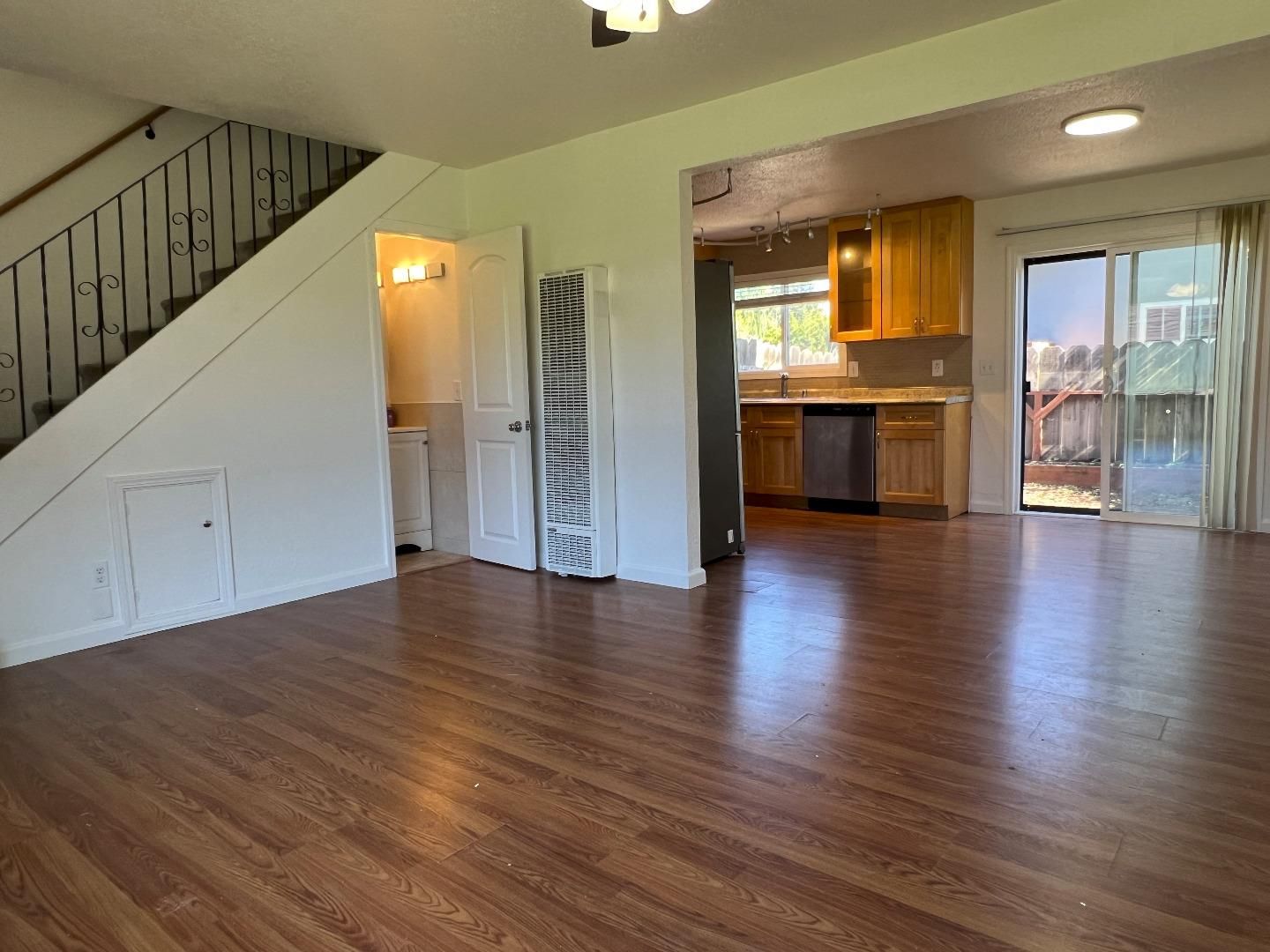 Empty room, Interior, Kitchen, Recessed Lighting, Wood Texture Flooring