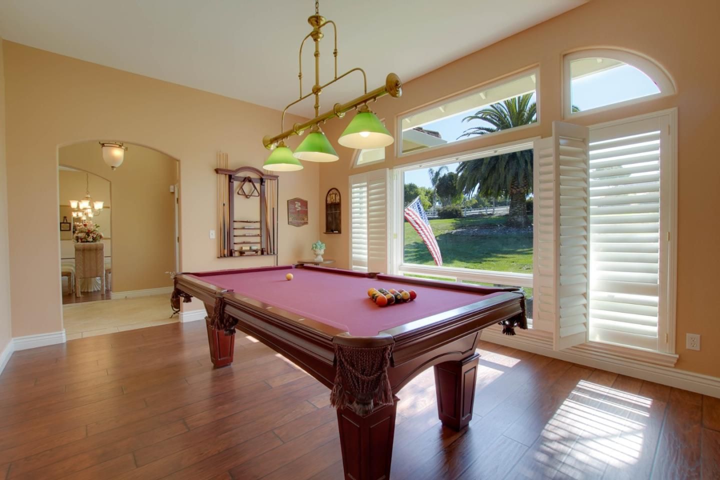 Billiard Table, Game Room, Interior, Pendant Lights, Wood Texture Flooring