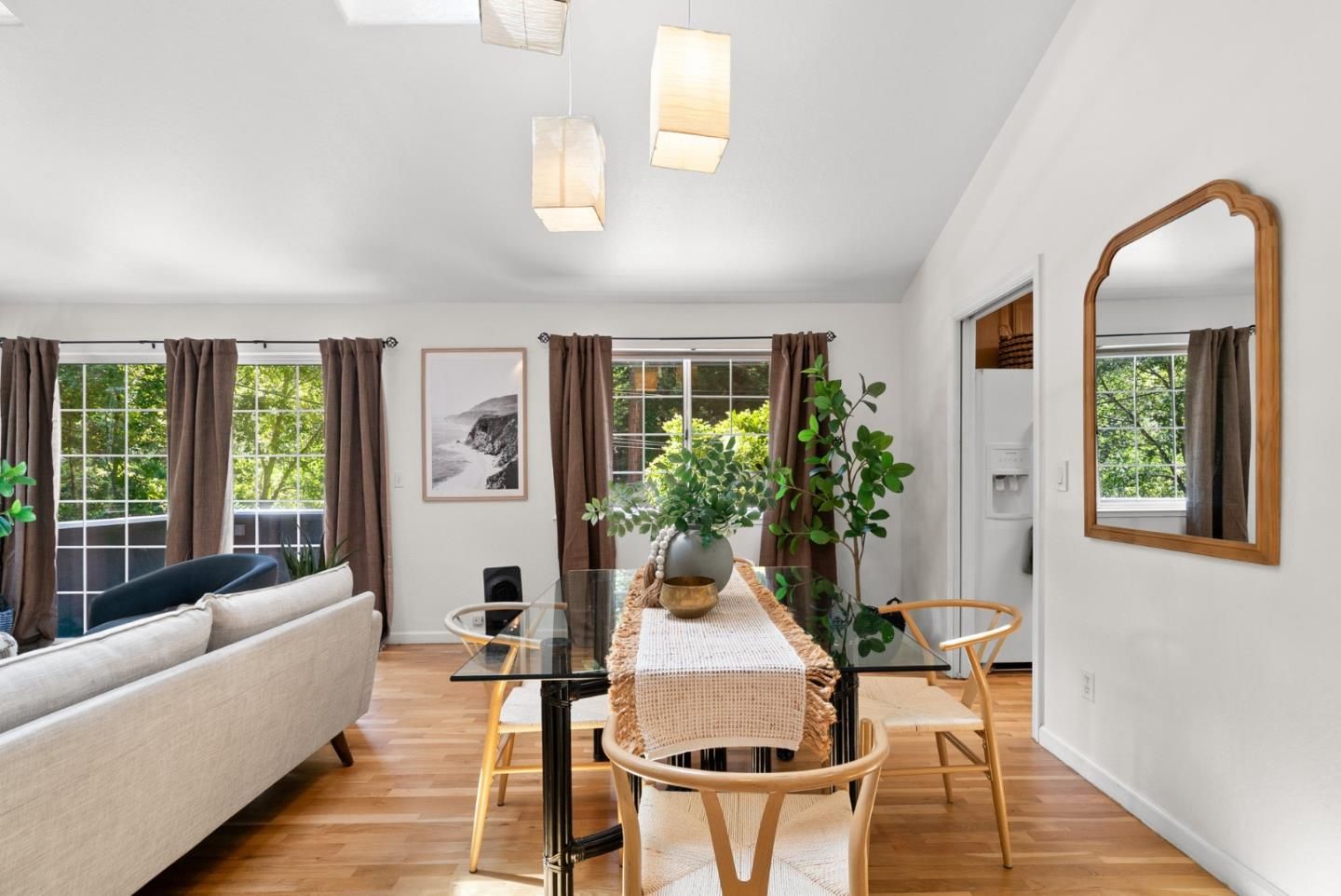 Dining room, Interior, Pendant Lights, Wood Texture Flooring