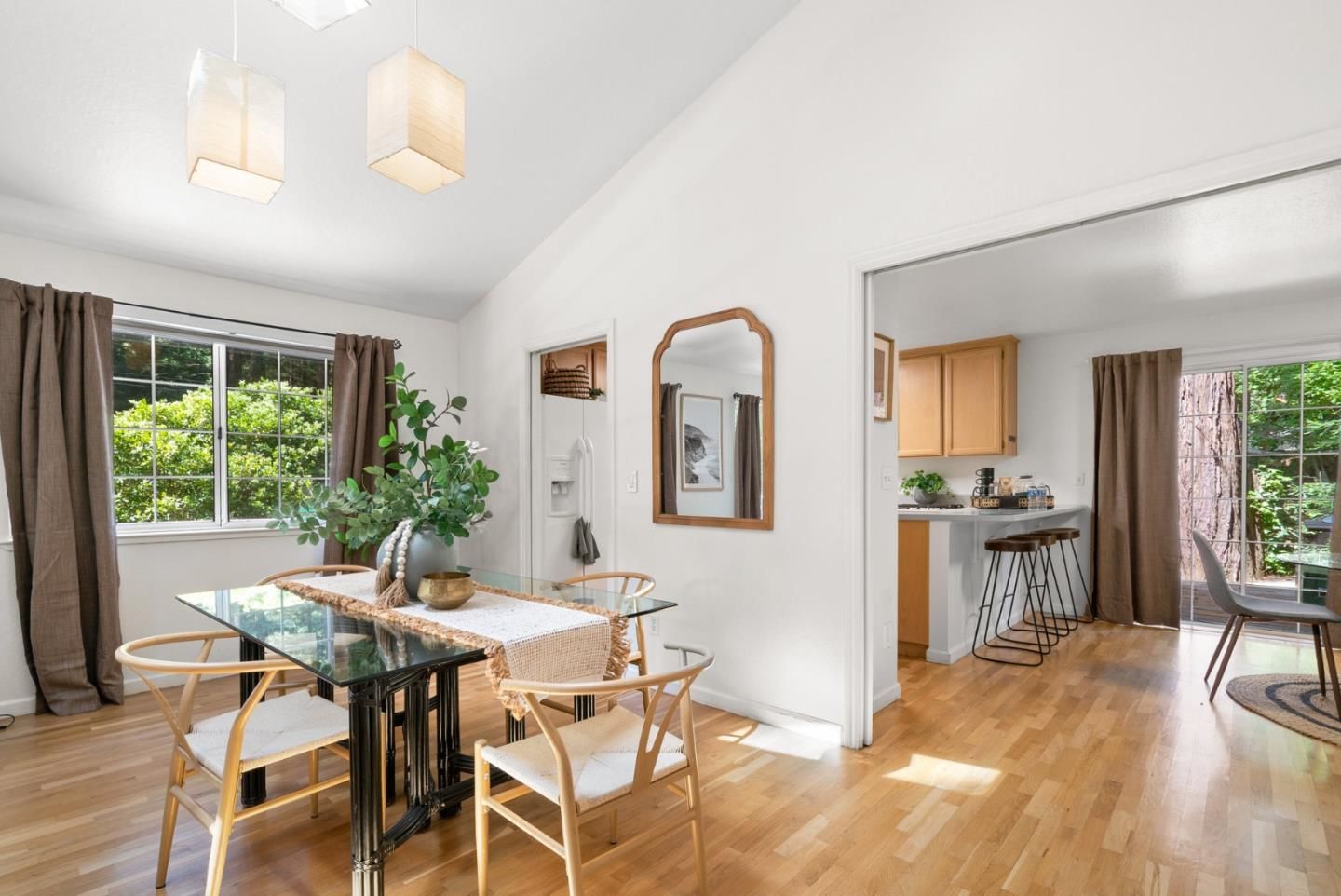 Dining room, Interior, Pendant Lights, Wood Texture Flooring