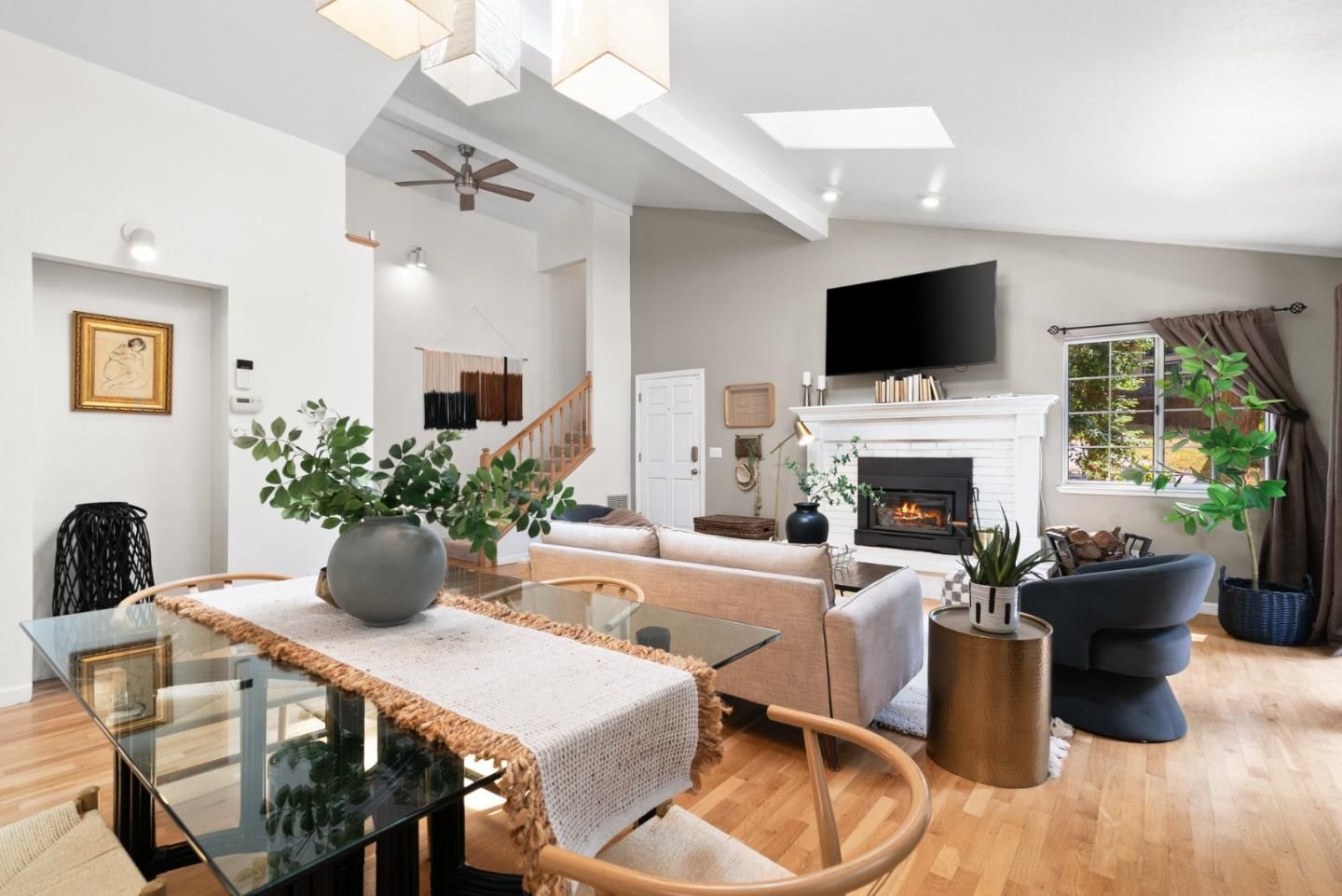 Dining room, Fireplace, Interior, Living room, Wood Texture Flooring