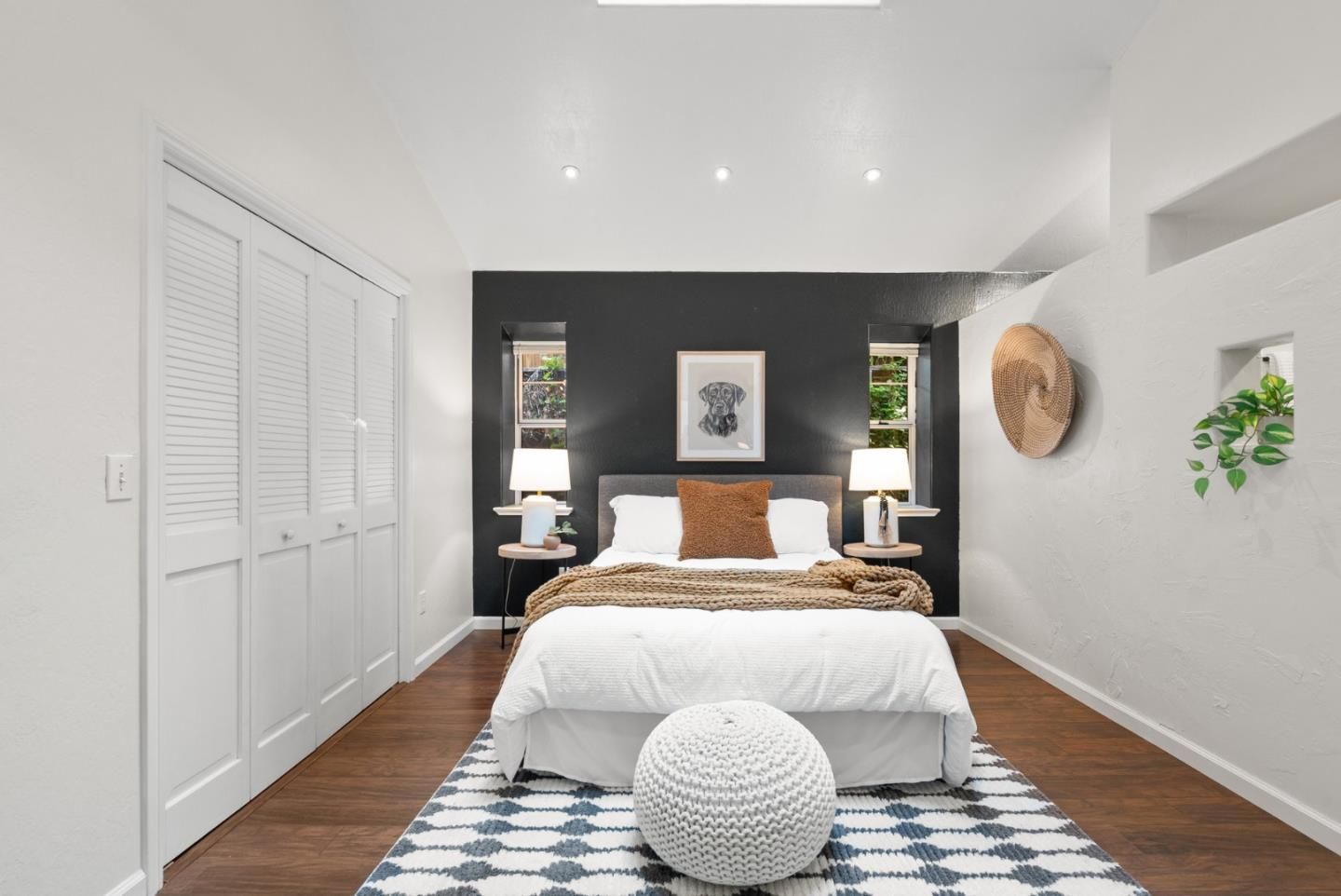 Bedroom, Interior, Recessed Lighting, Wood Texture Flooring