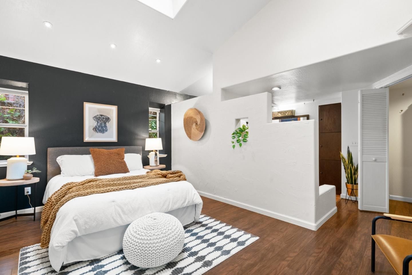 Bedroom, Interior, Recessed Lighting, Wood Texture Flooring