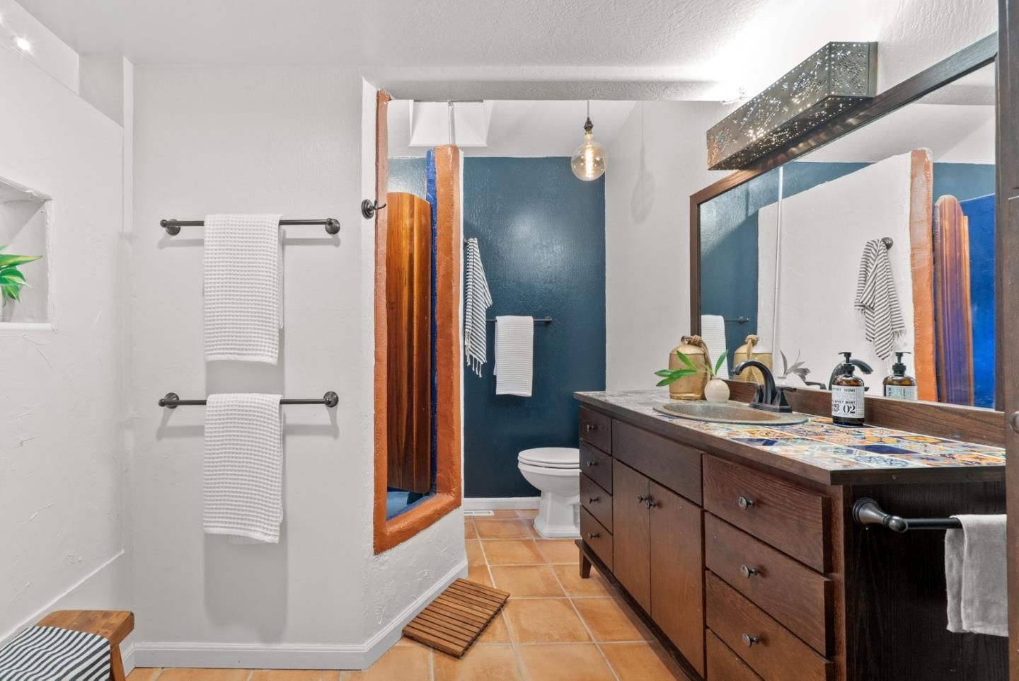 Bathroom, Dual Sink Vanities, Interior, Pendant Lights, Tile Countertops