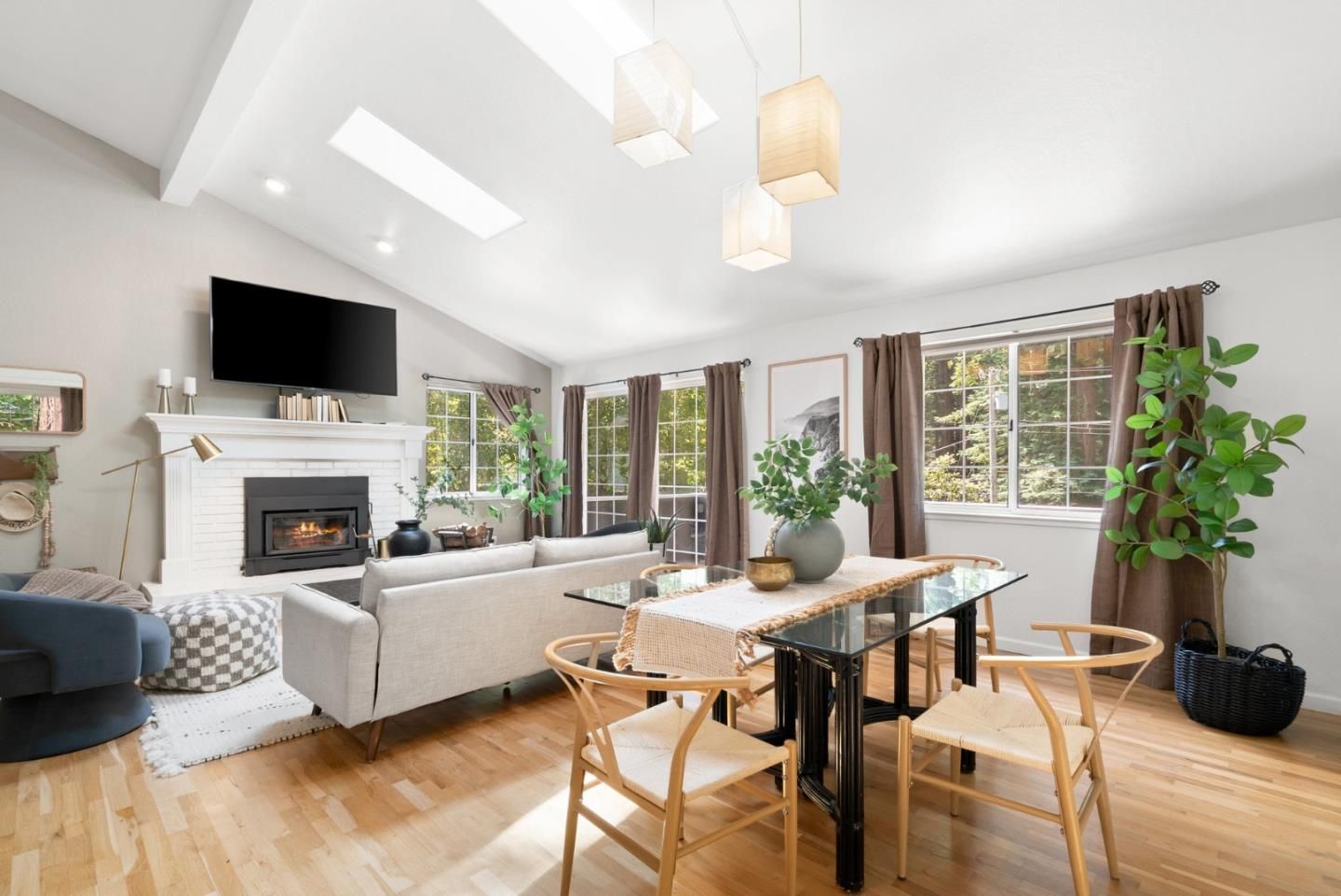 Dining room, Fireplace, Interior, Living room, Pendant Lights, Recessed Lighting, Wood Texture Flooring