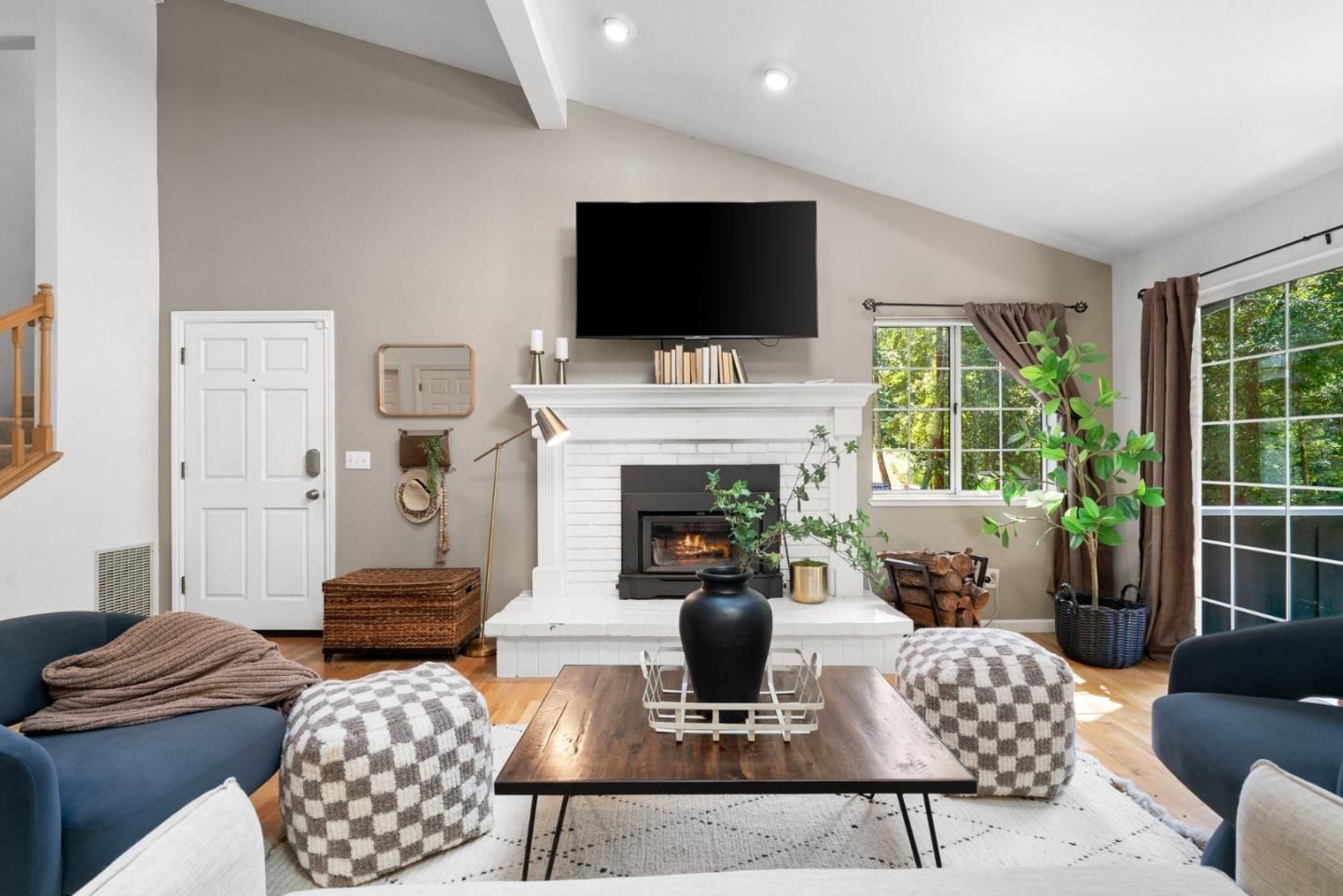 Fireplace, Interior, Living room, Recessed Lighting, Wood Texture Flooring