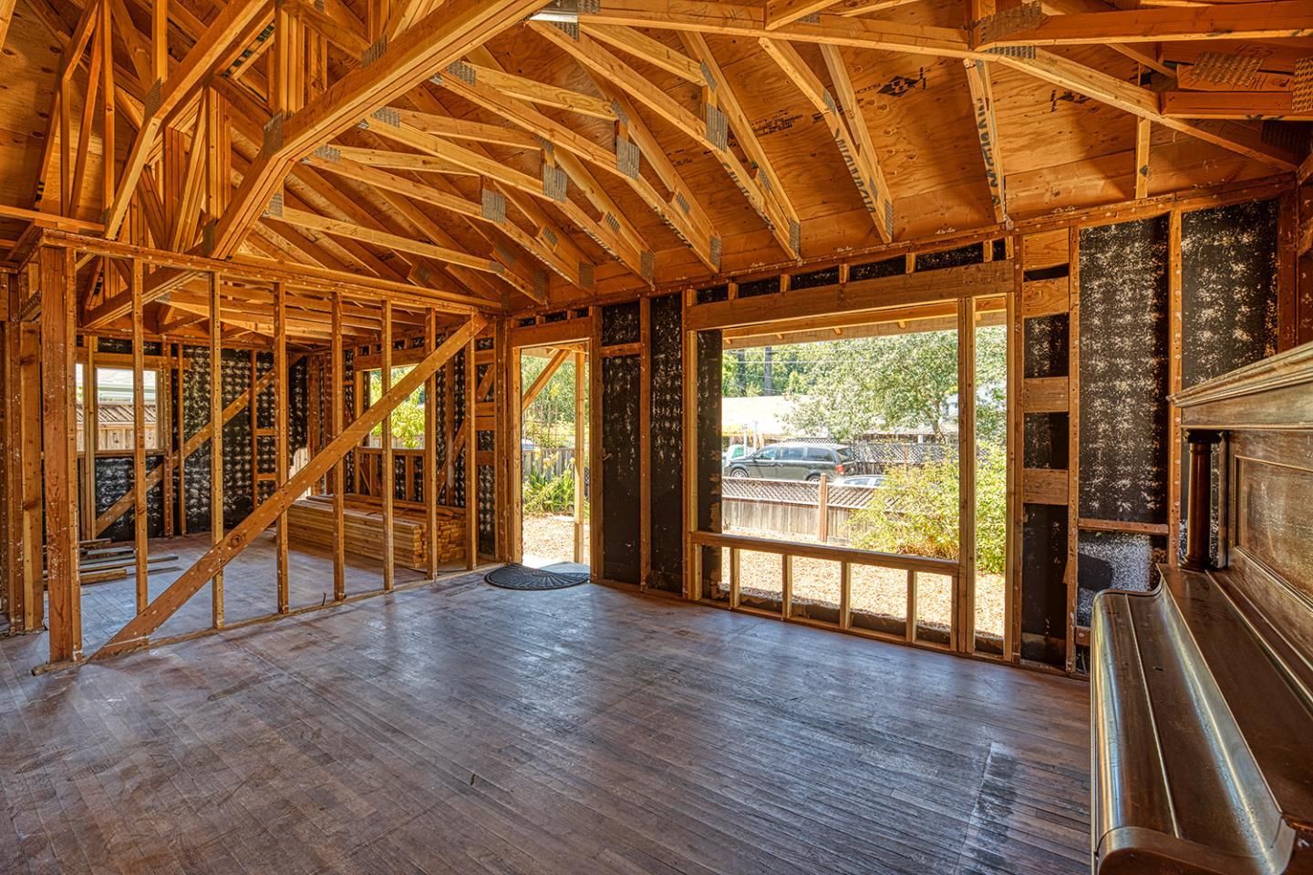 Empty room, Fireplace, Interior, Wooden Beams, Wooden Ceilings, Wood Texture Flooring, Wooden Walls