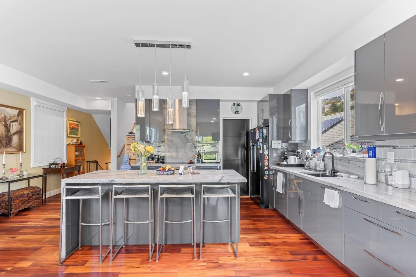 Interior, Kitchen, Pendant Lights, Recessed Lighting, Stainless Steel Appliances, Wood Texture Flooring