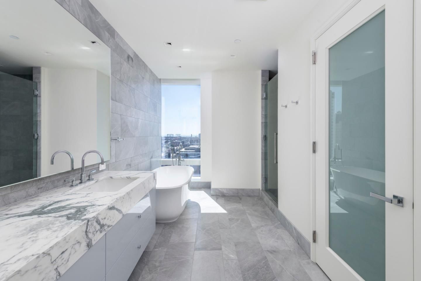 Bathroom, Dual Sink Vanities, Free Standing Baths, Glass Shower, Interior, Recessed Lighting