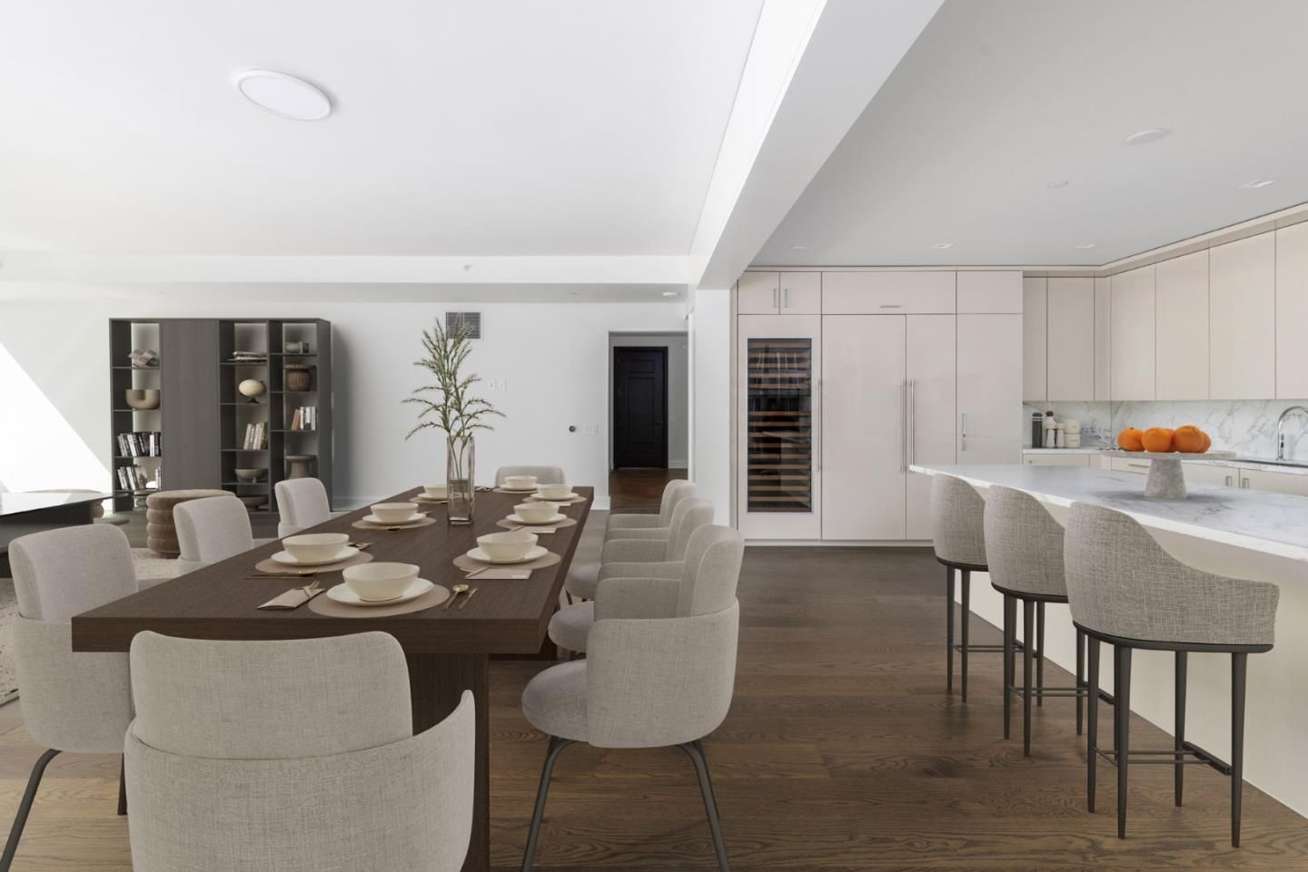 Dining room, Interior, Kitchen, Recessed Lighting, Wood Texture Flooring