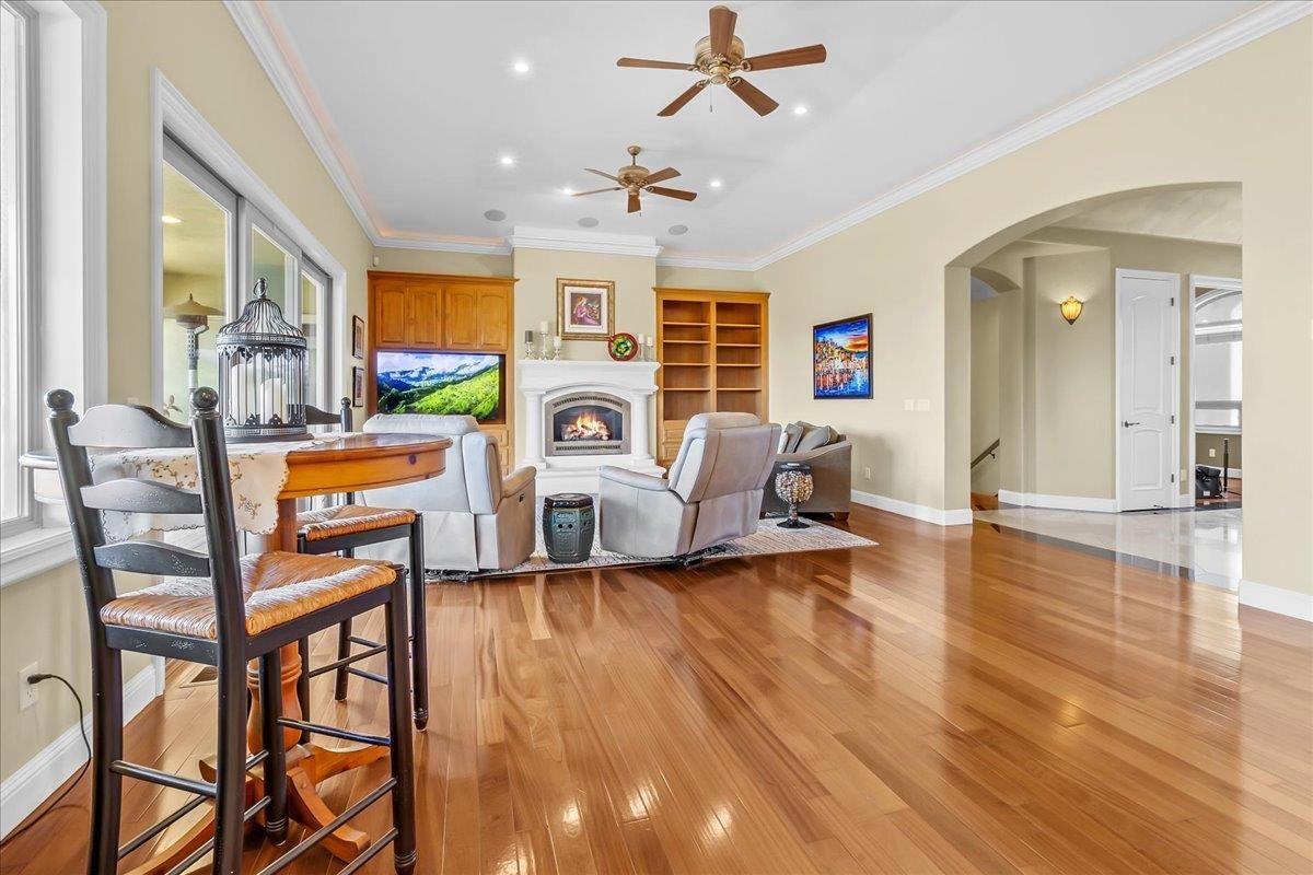 Fireplace, Interior, Living room, Recessed Lighting, Wood Texture Flooring