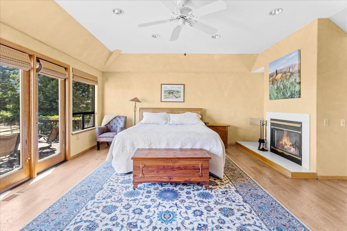 Bedroom, Fireplace, Interior, Recessed Lighting, Wood Texture Flooring