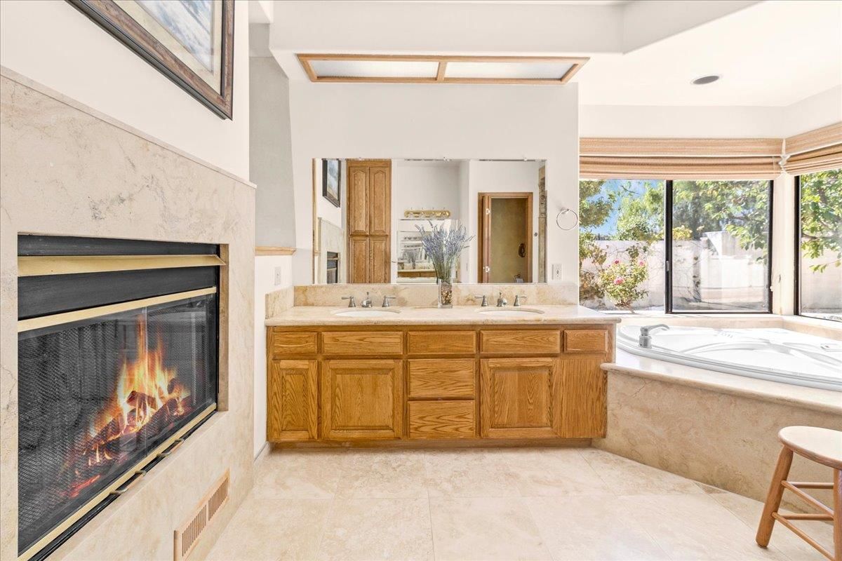 Bathroom, Dual Sink Vanities, Fireplace, Interior, Recessed Lighting