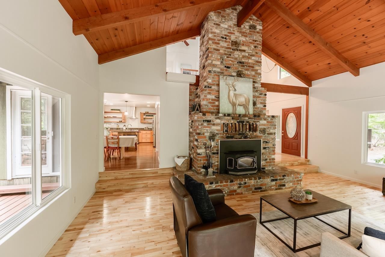 Fireplace, Interior, Kitchen, Living room, Pendant Lights, Stone Walls, Wooden Beams, Wooden Ceilings, Wood Texture Flooring