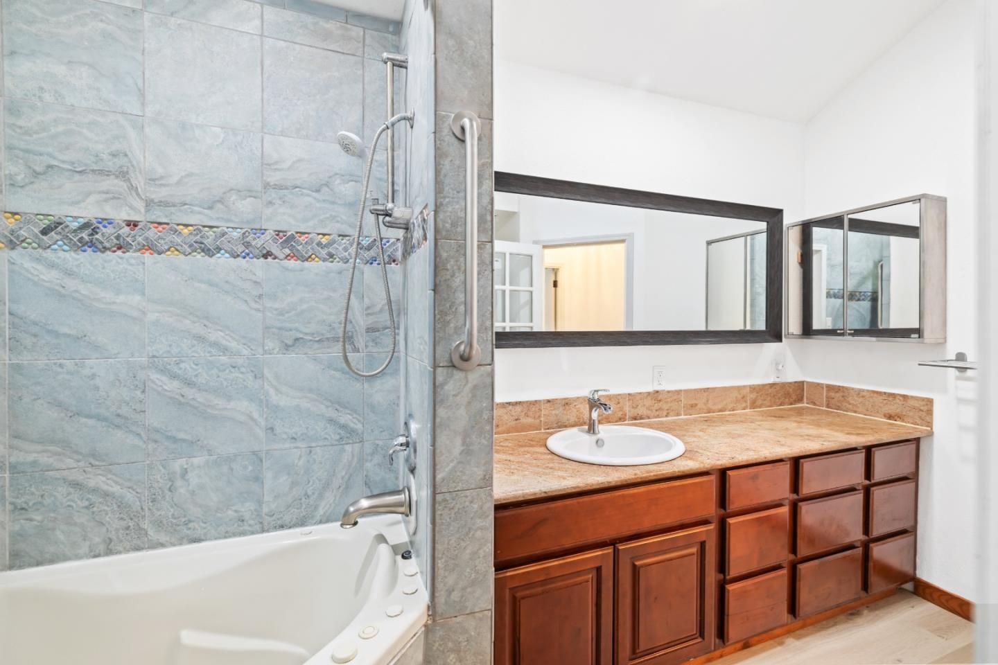 Bathroom, Interior, Marble Walls, Wood Texture Flooring