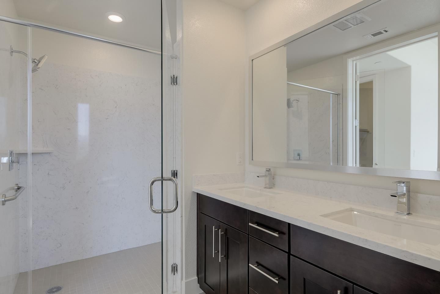 Bathroom, Dual Sink Vanities, Glass Shower, Interior, Recessed Lighting