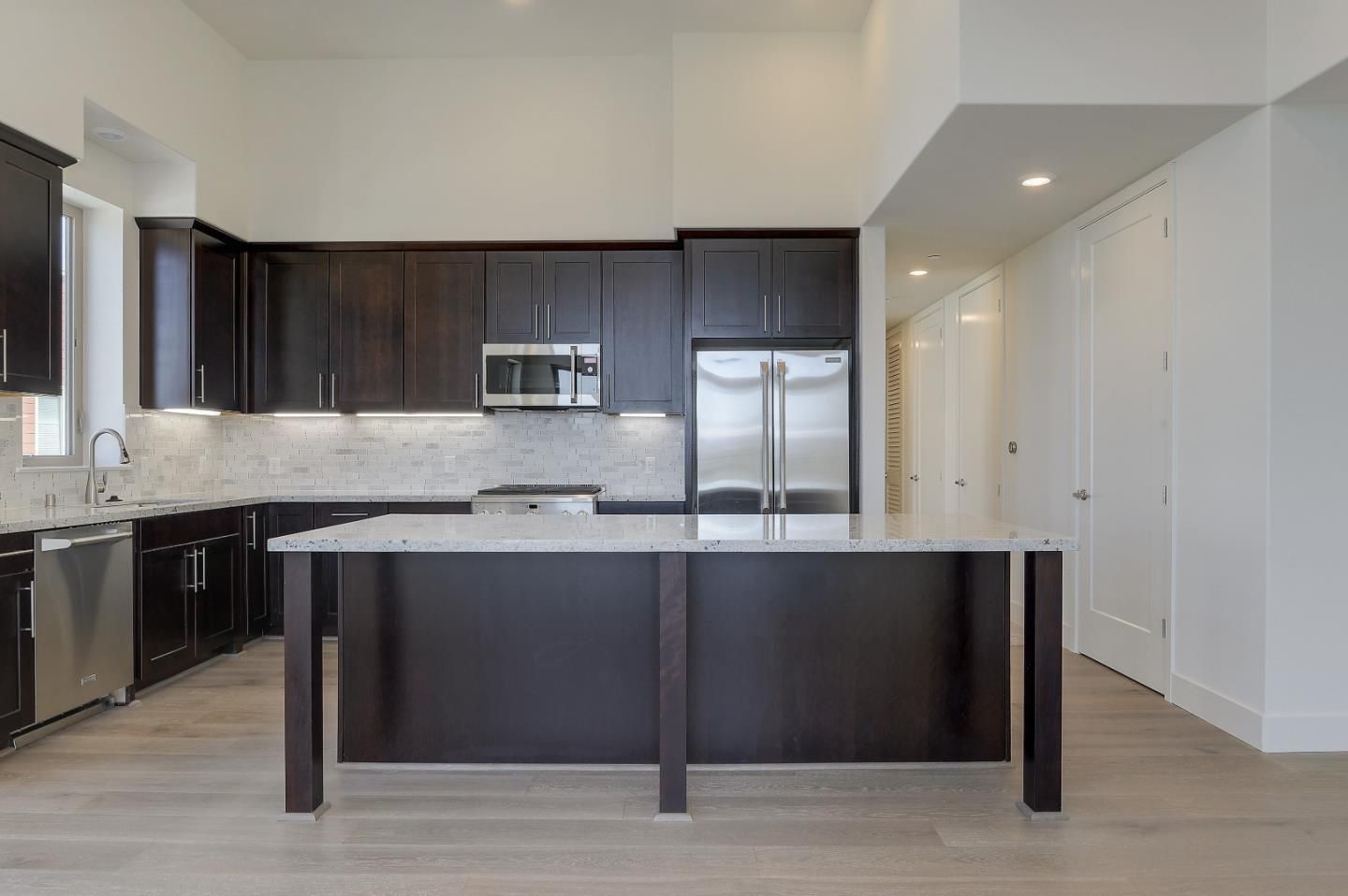 Interior, Kitchen, Recessed Lighting, Stainless Steel Appliances, Wood Texture Flooring