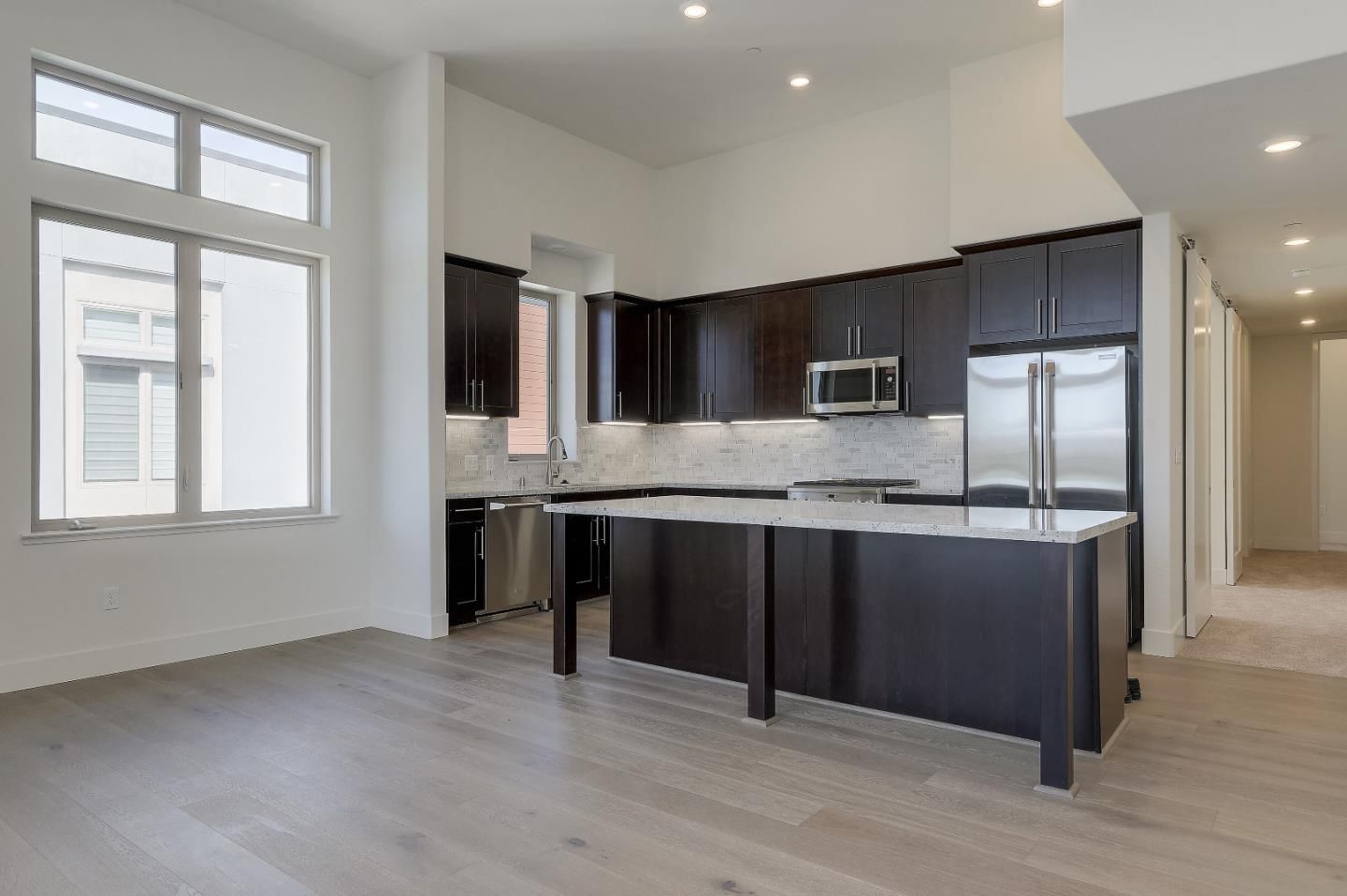Interior, Kitchen, Recessed Lighting, Stainless Steel Appliances, Wood Texture Flooring