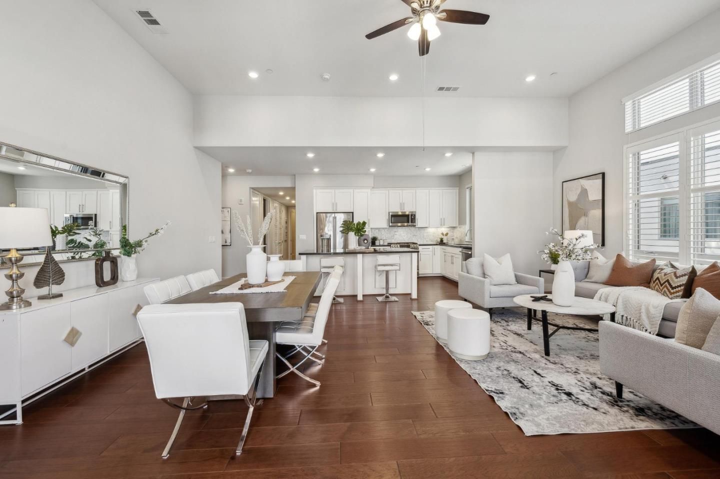 Dining room, Interior, Kitchen, Living room, Recessed Lighting, Stainless Steel Appliances, Wood Texture Flooring