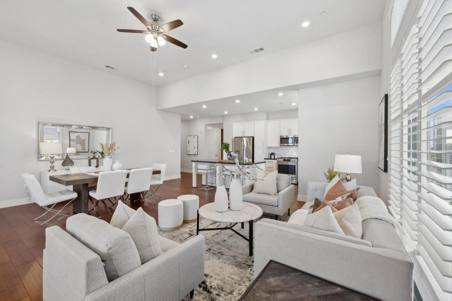 Dining room, Interior, Kitchen, Living room, Recessed Lighting, Stainless Steel Appliances, Wood Texture Flooring