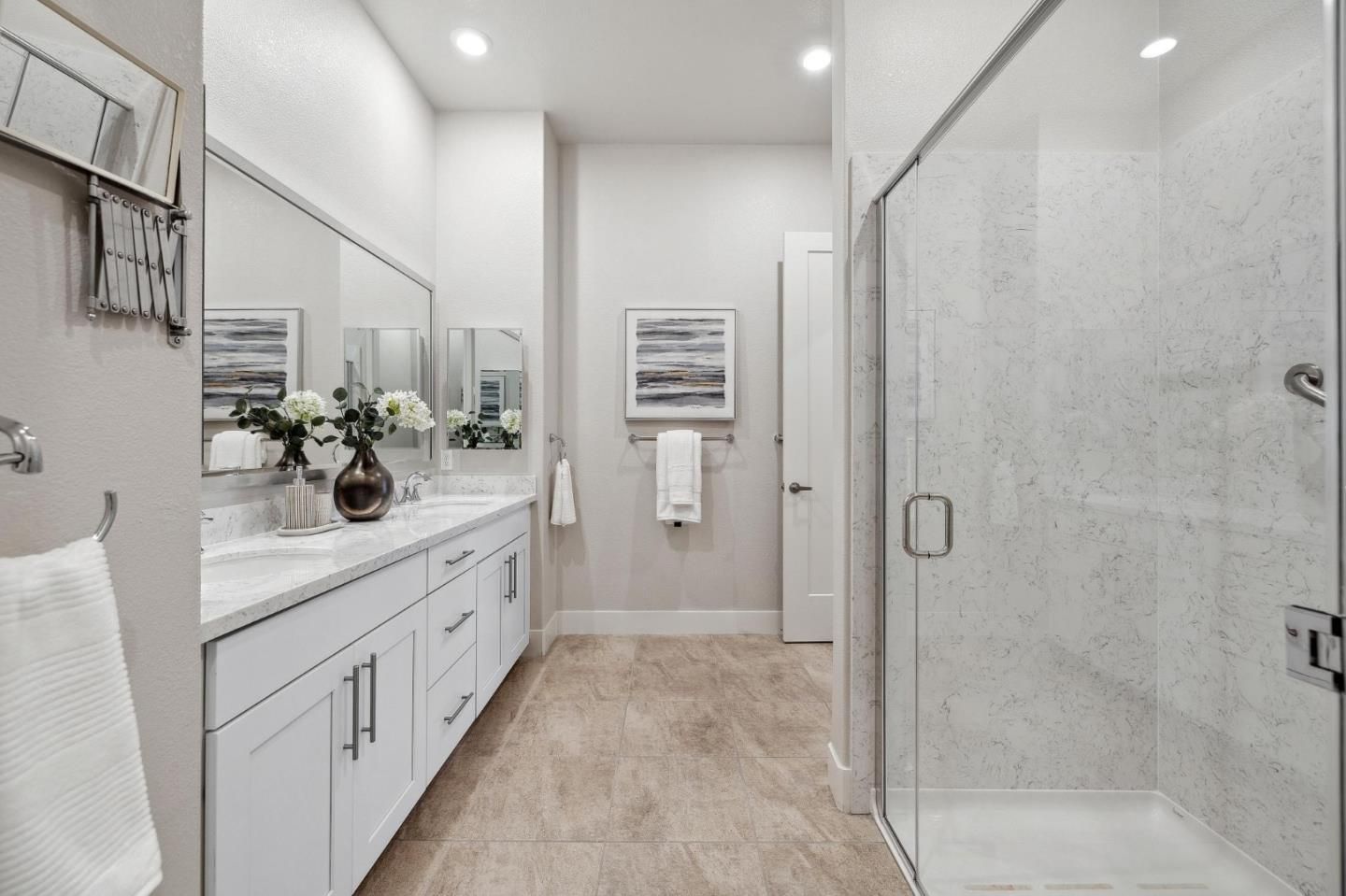Bathroom, Dual Sink Vanities, Glass Shower, Interior, Marble Walls, Recessed Lighting