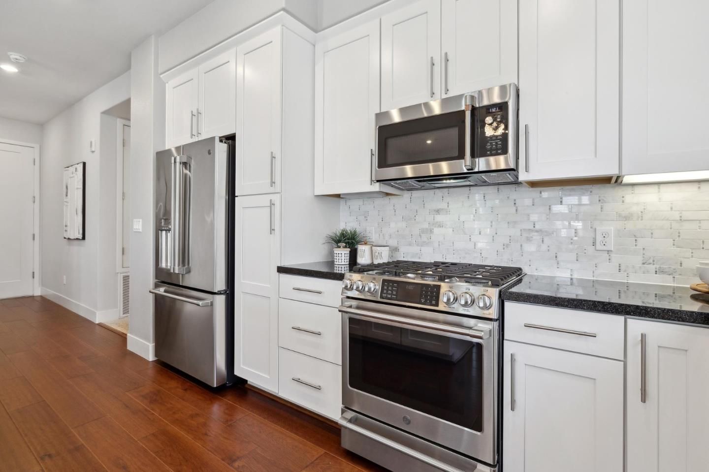 Interior, Kitchen, Recessed Lighting, Stainless Steel Appliances, Wood Texture Flooring