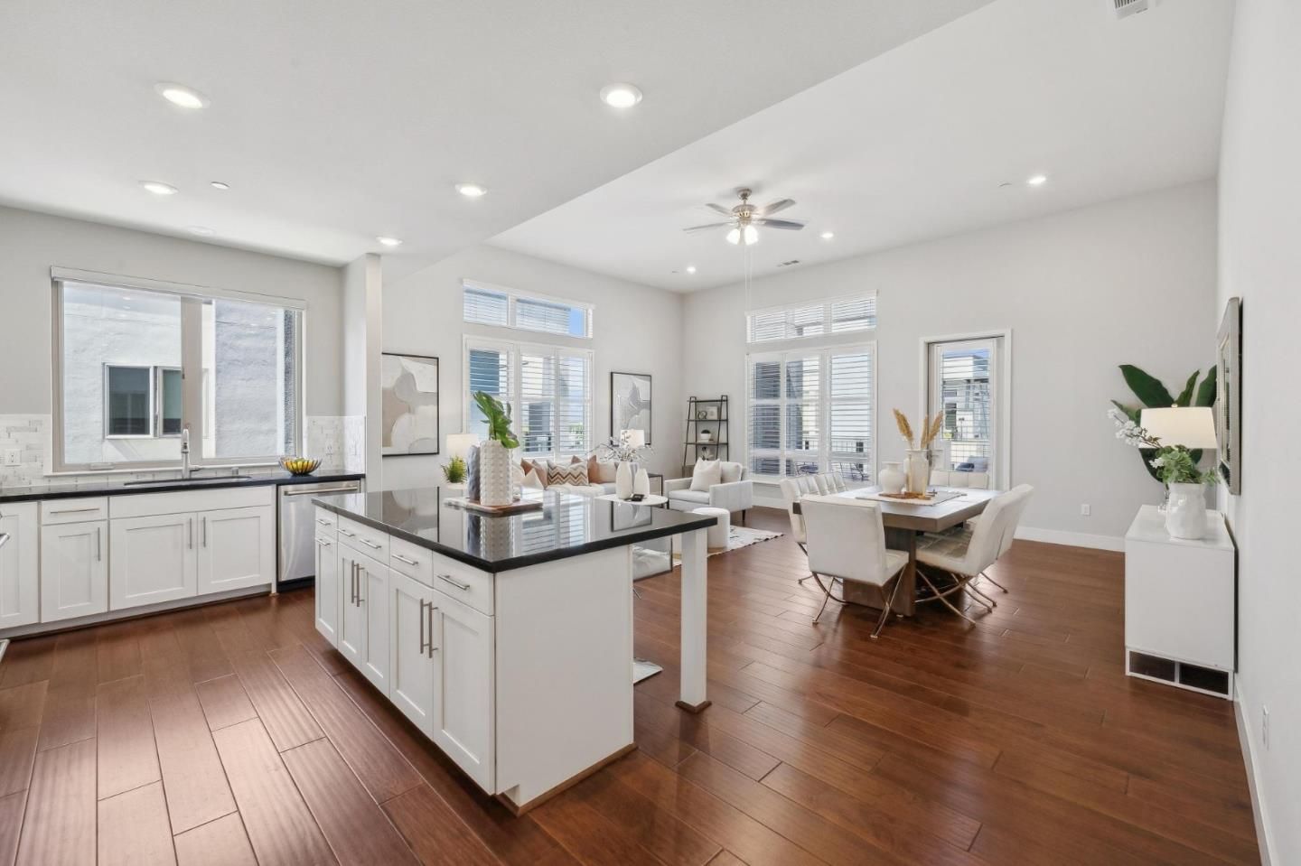 Dining room, Interior, Kitchen, Living room, Recessed Lighting, Wood Texture Flooring