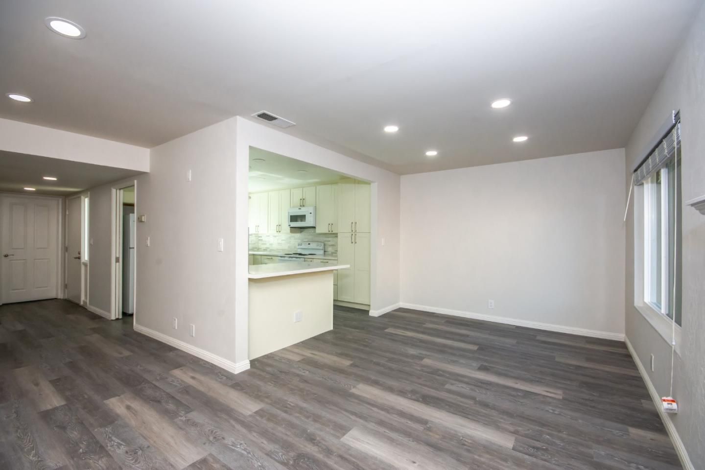 Empty room, Interior, Kitchen, Recessed Lighting, Wood Texture Flooring