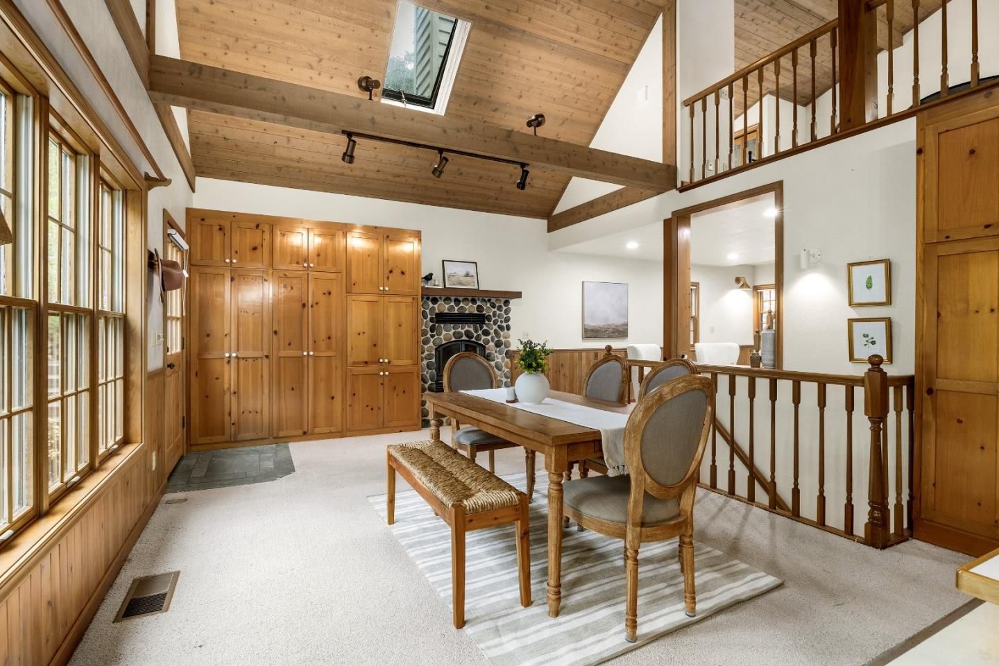 Dining room, Fireplace, Interior, Wooden Beams, Wooden Ceilings, Wooden Walls