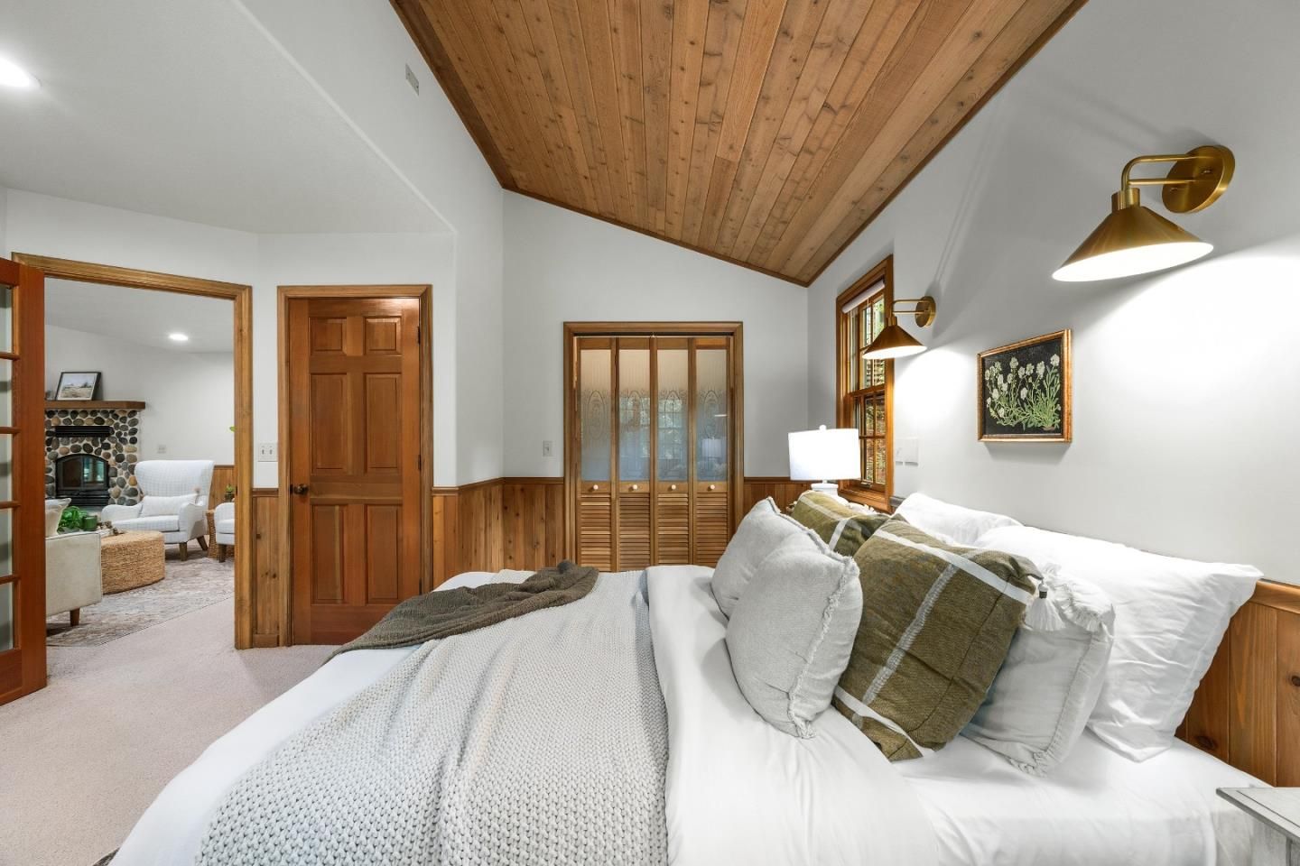 Bedroom, Fireplace, Interior, Recessed Lighting, Wooden Ceilings