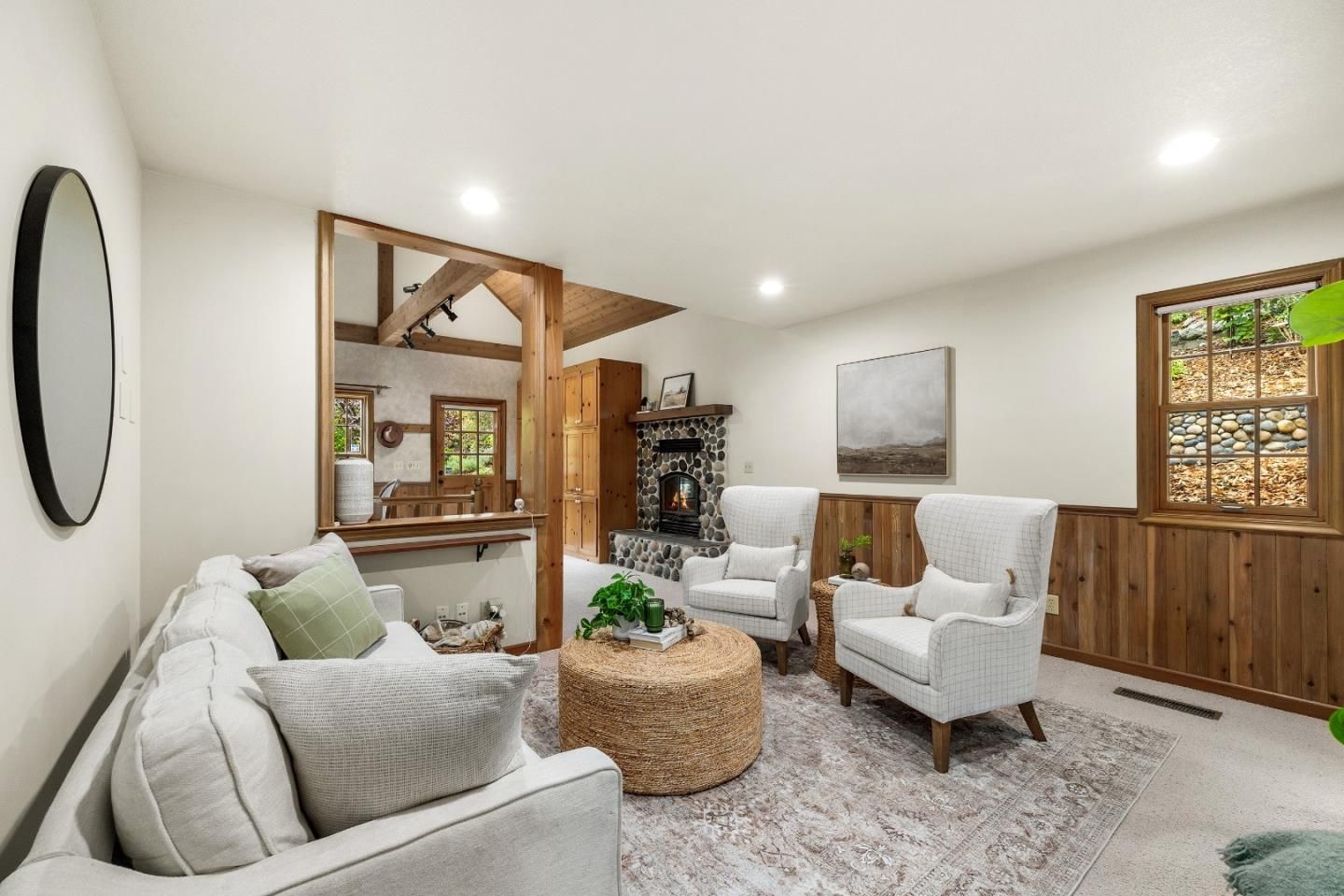 Fireplace, Interior, Living room, Recessed Lighting, Wooden Beams