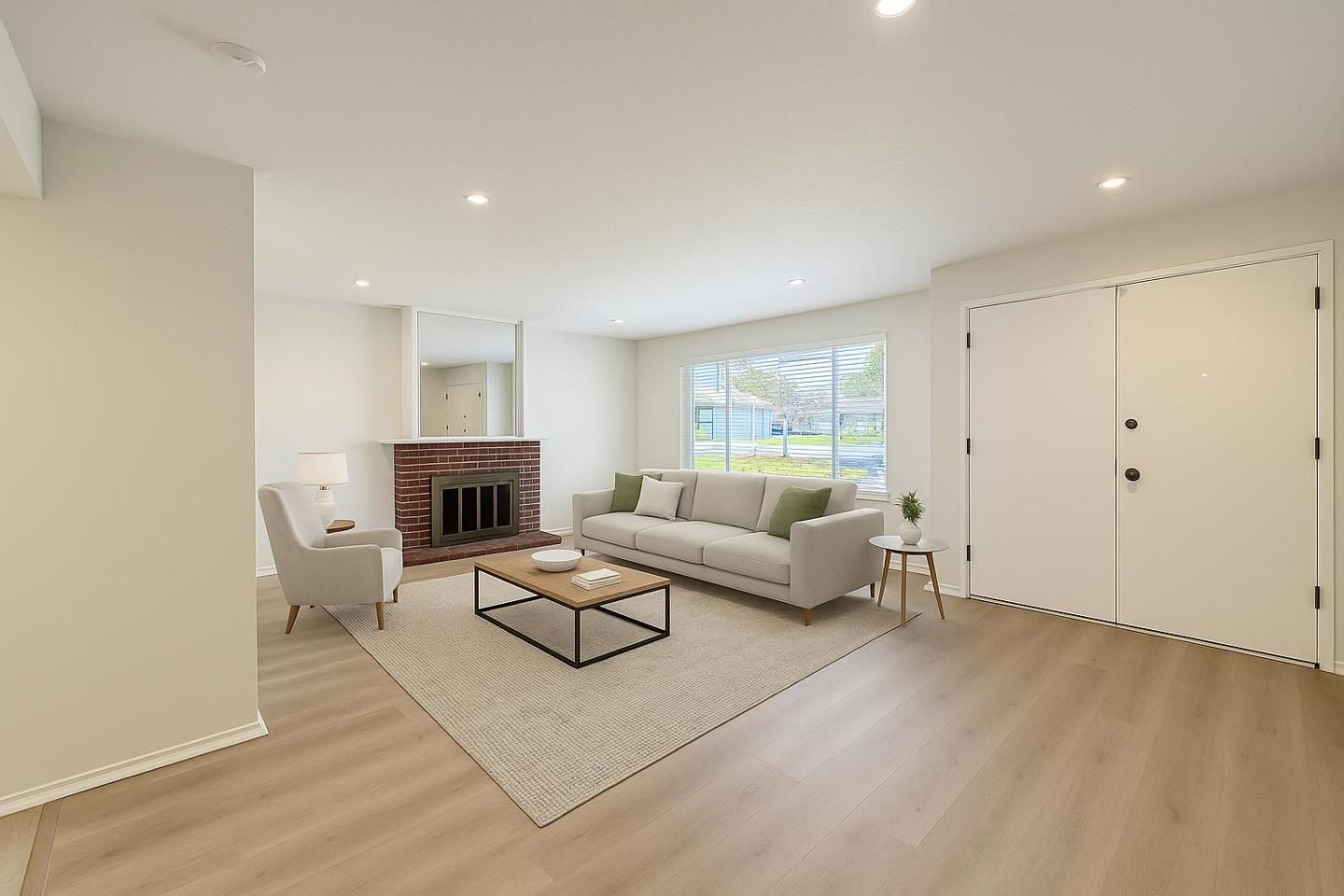 Fireplace, Interior, Living room, Recessed Lighting, Wood Texture Flooring