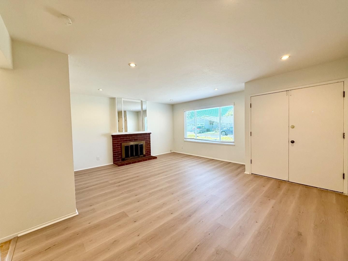 Empty room, Fireplace, Interior, Recessed Lighting, Wood Texture Flooring
