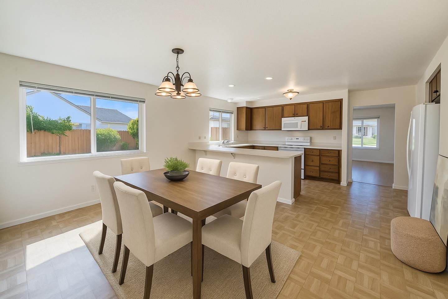 Dining room, Interior, Kitchen, Pendant Lights, Recessed Lighting, Wood Texture Flooring