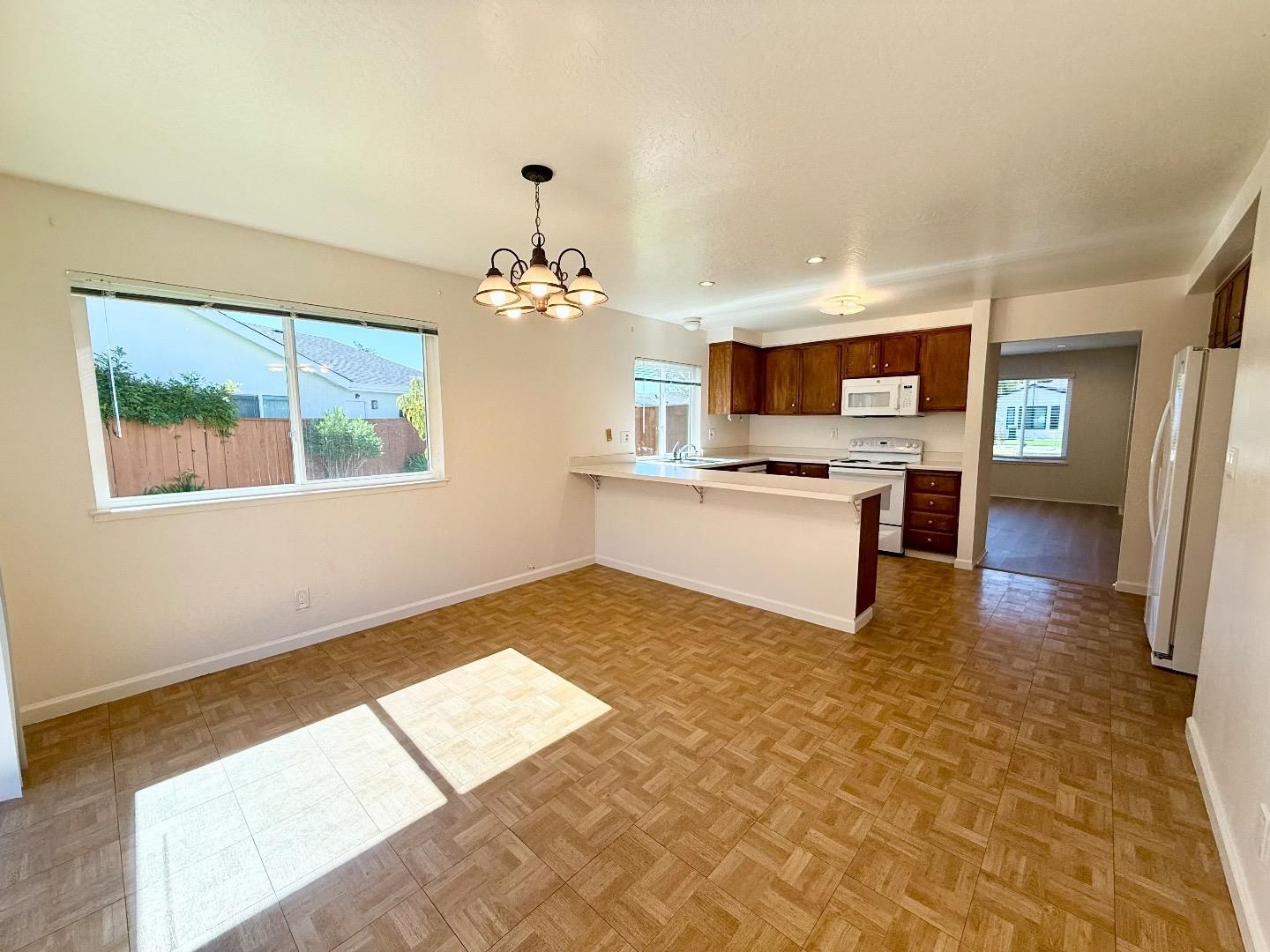 Chandelier, Interior, Kitchen, Pendant Lights, Recessed Lighting, Wood Texture Flooring