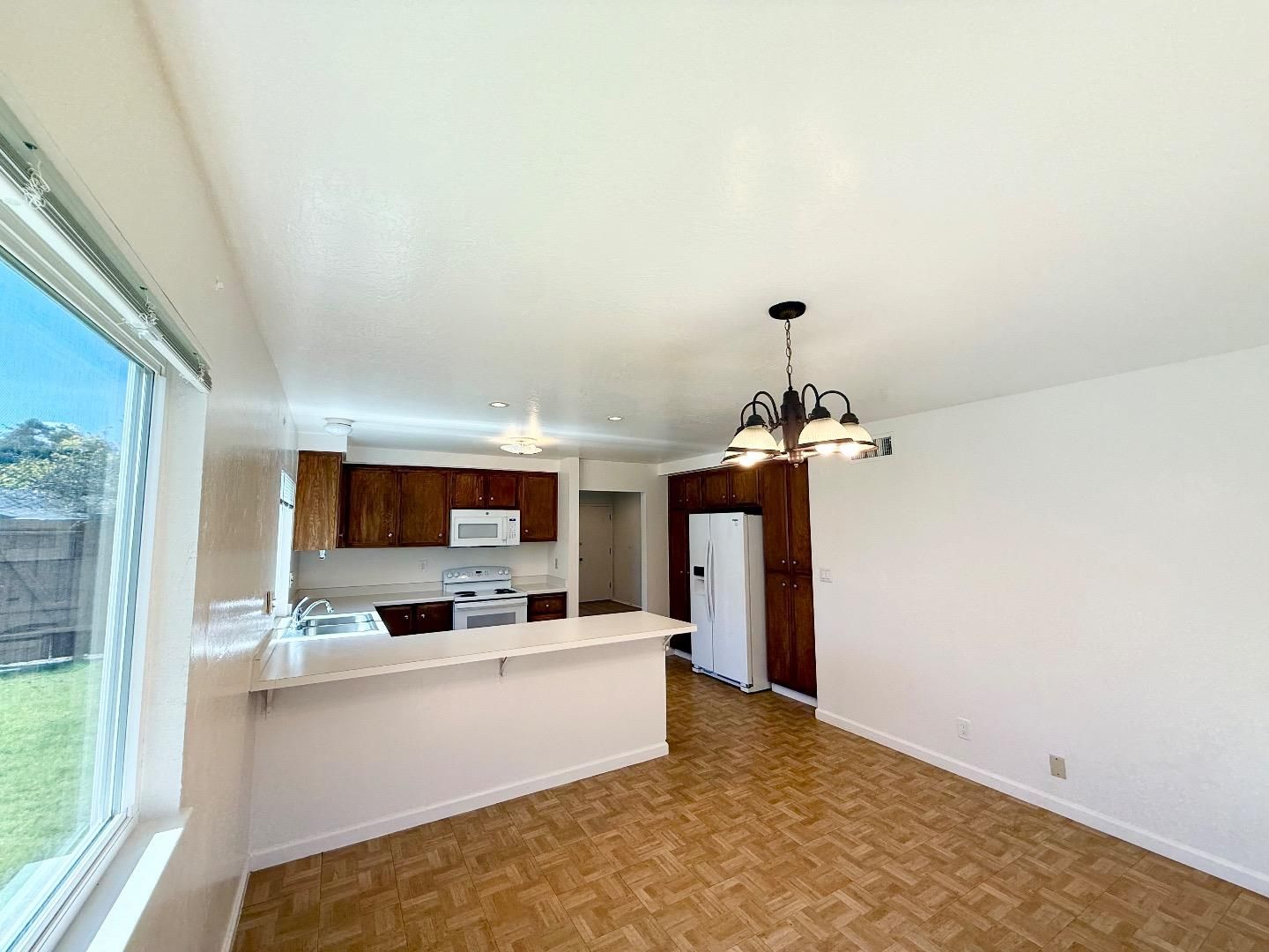 Chandelier, Interior, Kitchen, Pendant Lights, Recessed Lighting, Wood Texture Flooring