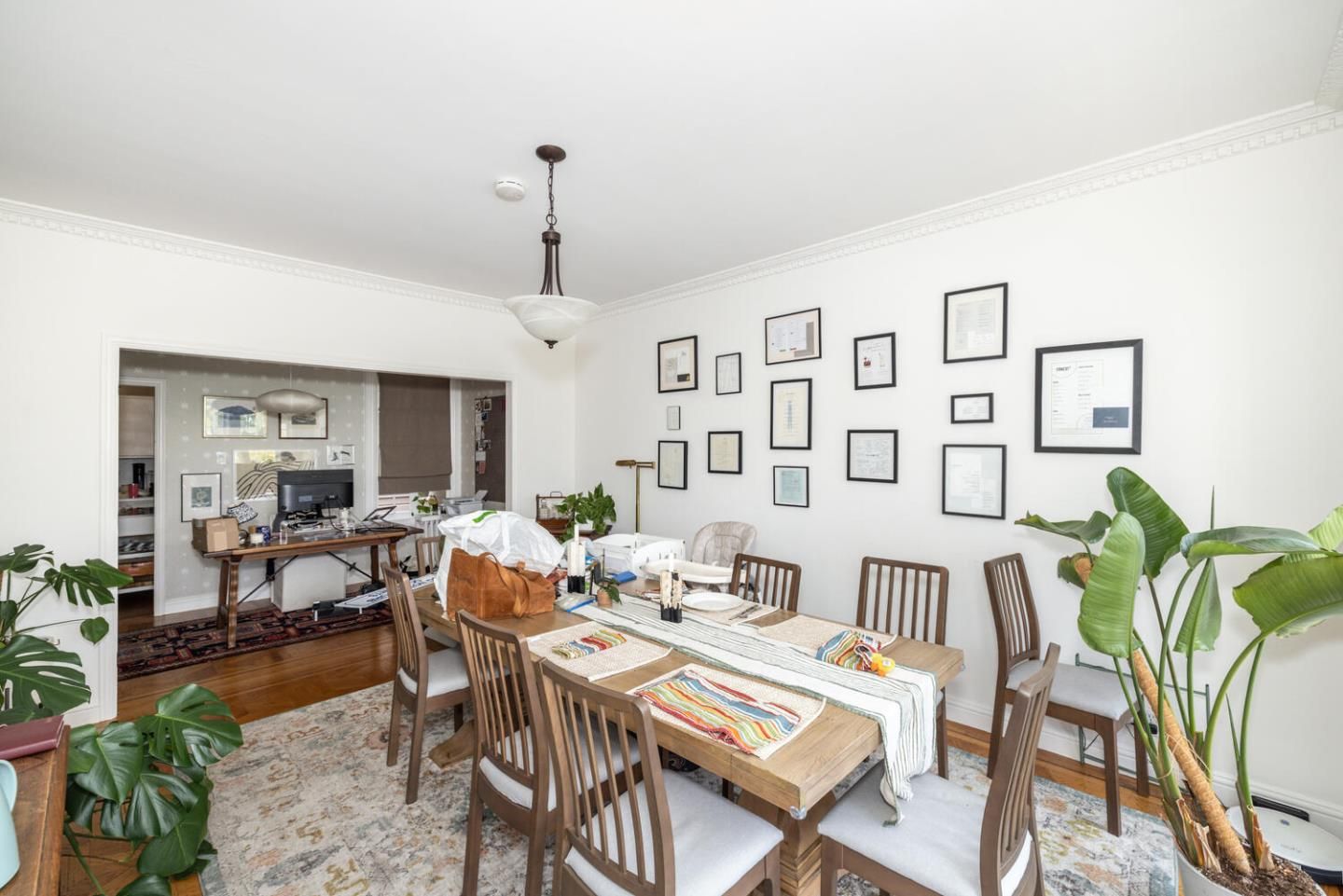 Dining room, Interior, Pendant Lights, Wood Texture Flooring