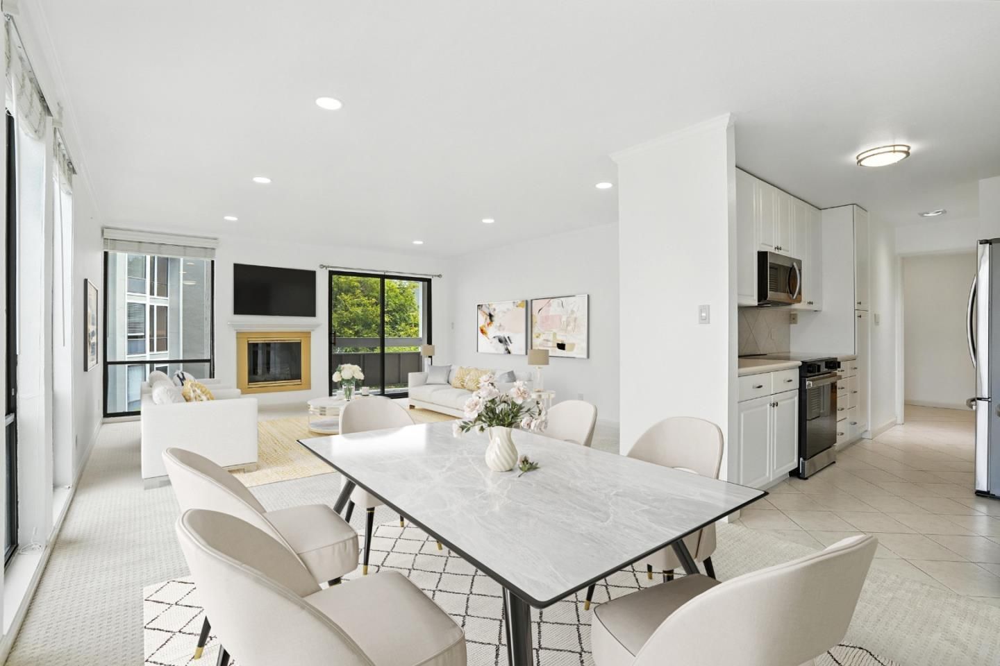 Dining room, Fireplace, Interior, Kitchen, Living room, Recessed Lighting