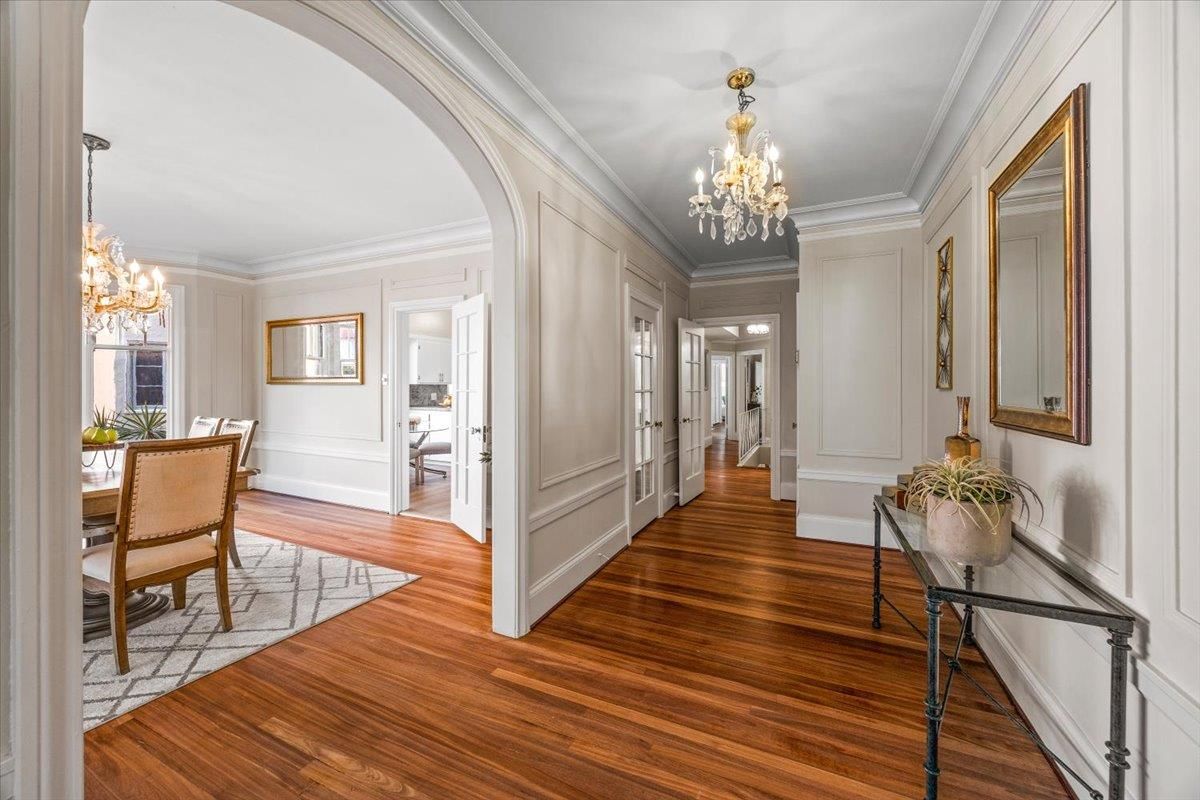 Chandelier, Dining room, Interior, Wood Texture Flooring