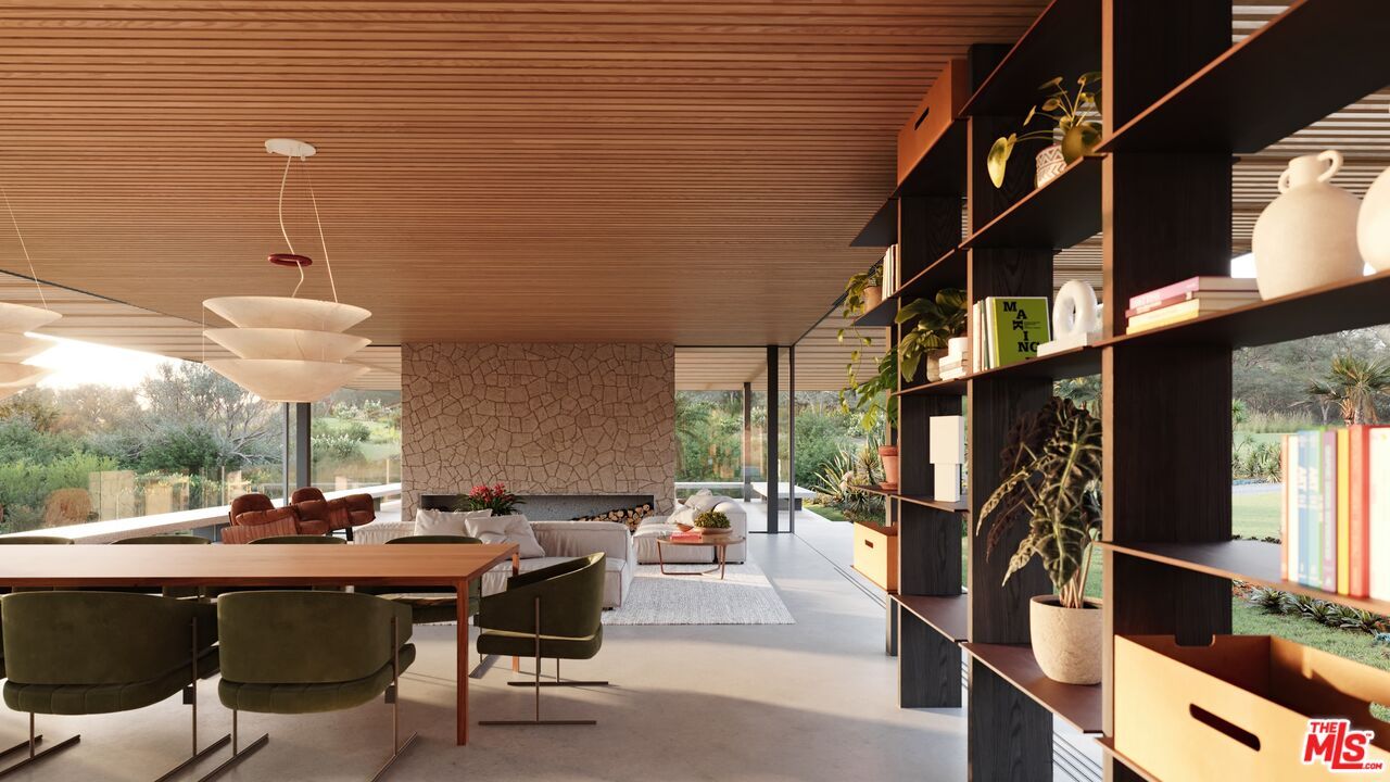 Dining room, Fireplace, Interior, Living room, Pendant Lights, Stone Walls