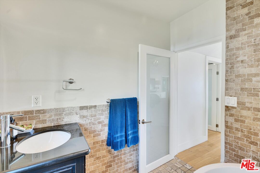 Bathroom, Interior, Stone Walls, Wood Texture Flooring